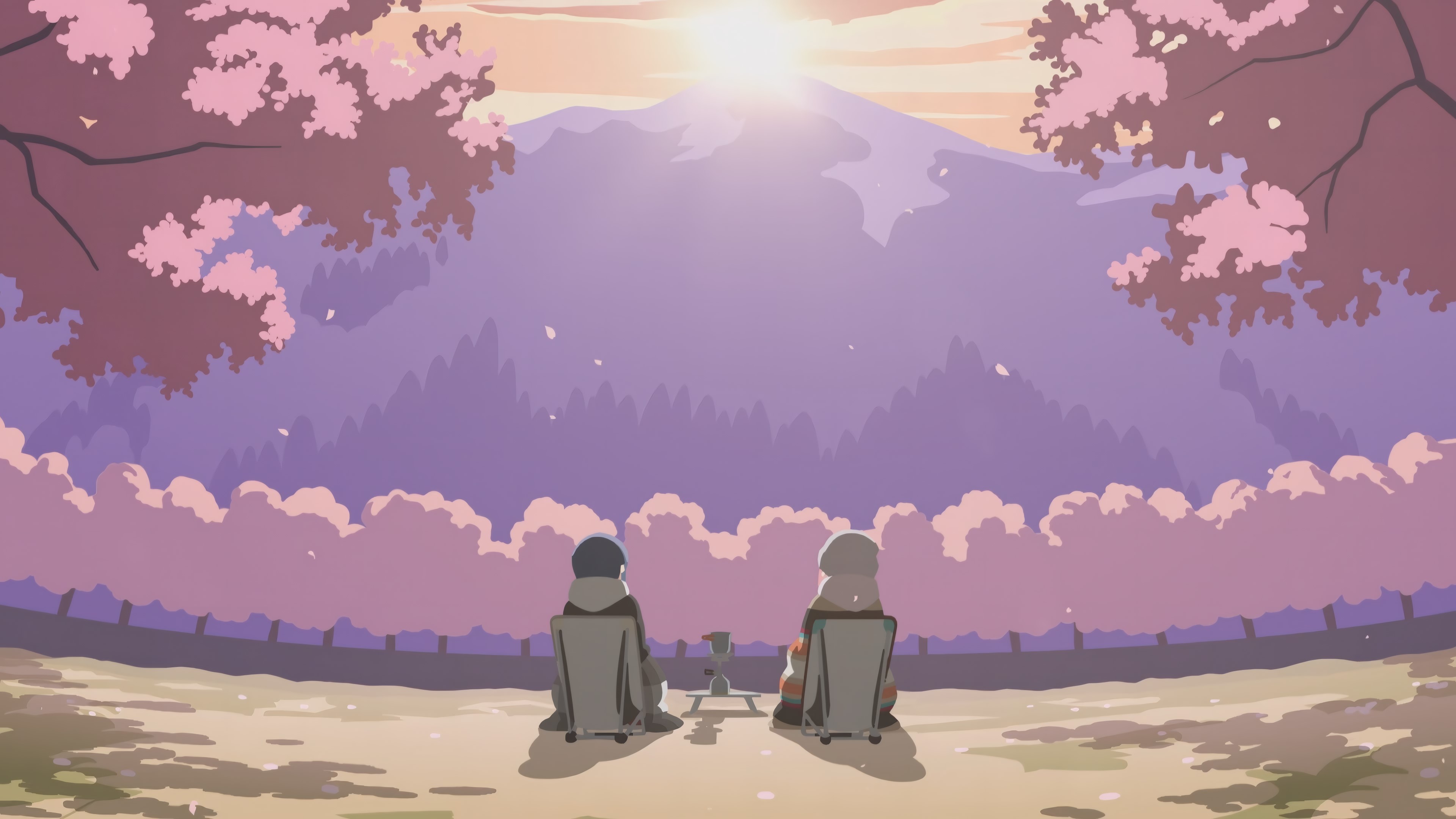 Anime 3840x2160 Yuru Camp Nadeshiko Kagamihara Rin Shima cherry trees cherry blossom mountains camping