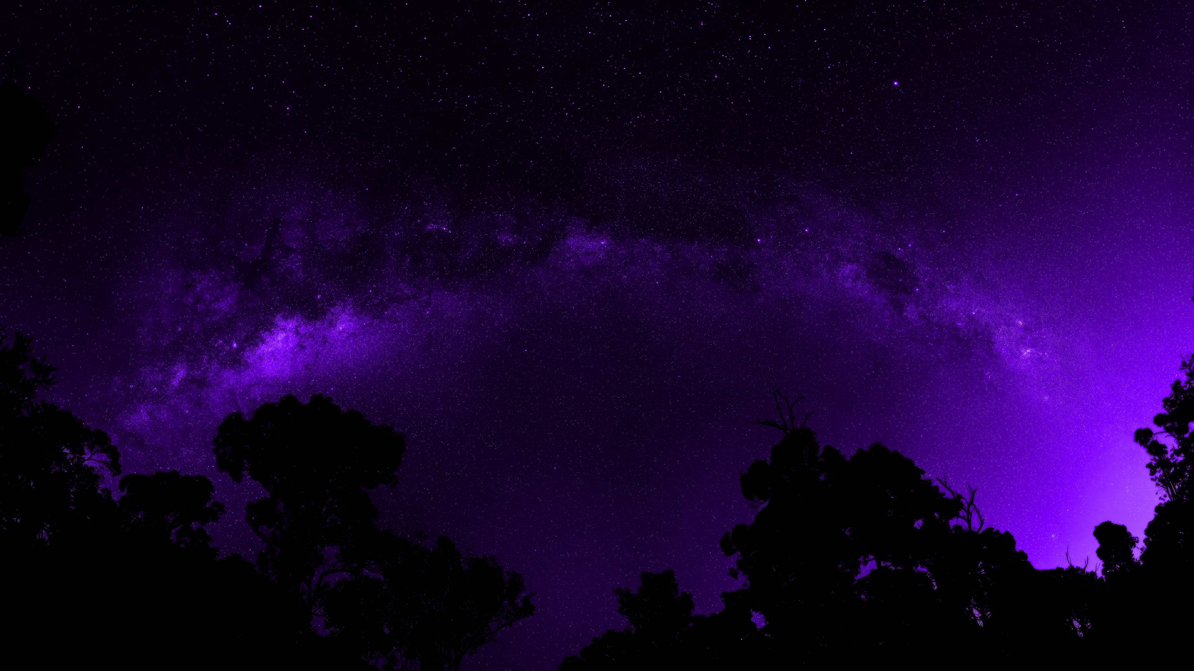 General 3840x2160 silhouette trees galaxy purple background purple stars digital art