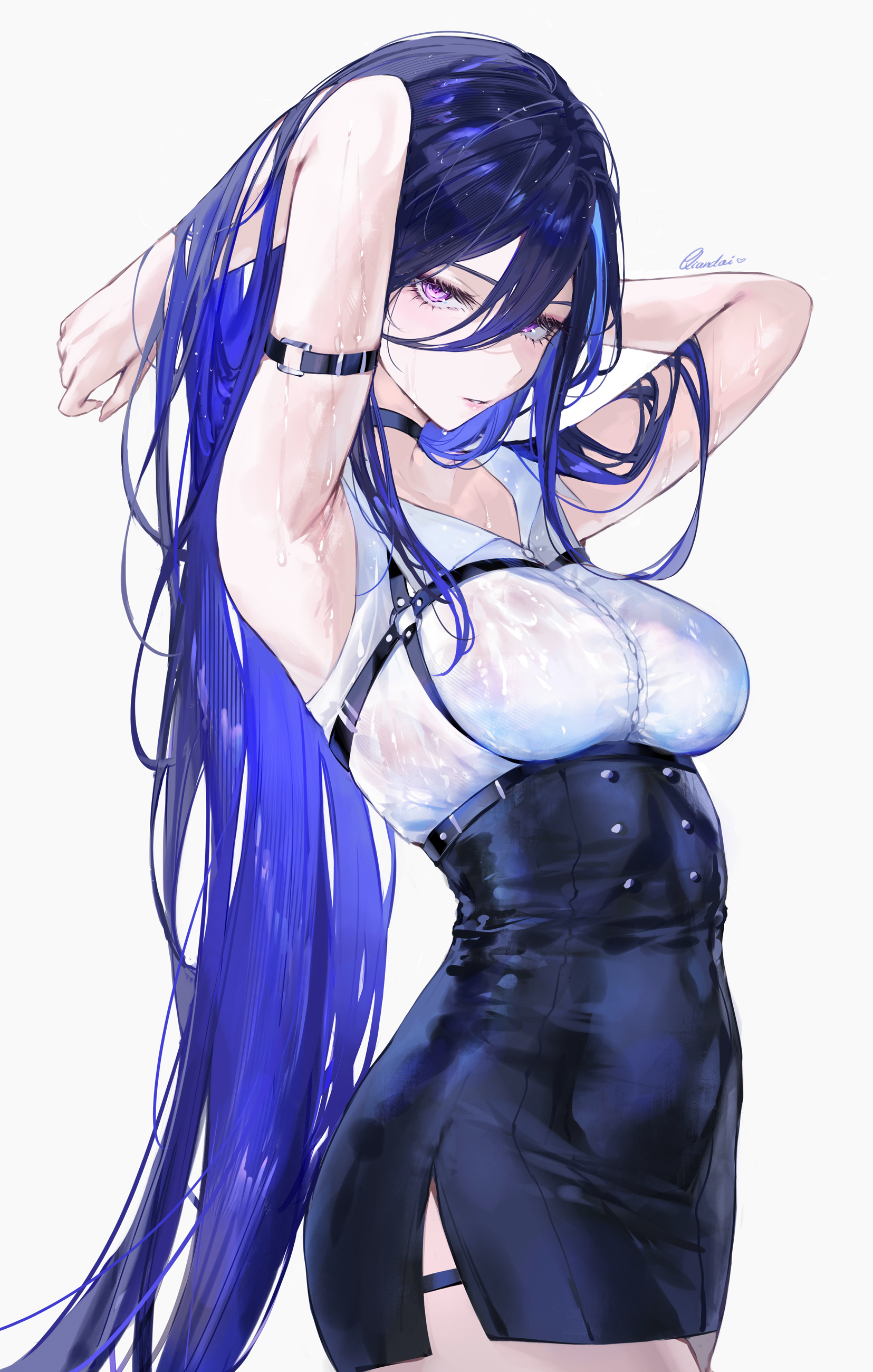 Anime 1655x2600 Genshin Impact long hair portrait display arms up Clorinde (Genshin Impact) looking at viewer choker high waisted black skirts white shirt purple eyes blue hair parted lips hand(s) in hair armpits white background skirt simple background boobs Qiandaiyiyu wet clothing sweaty body sleeveless