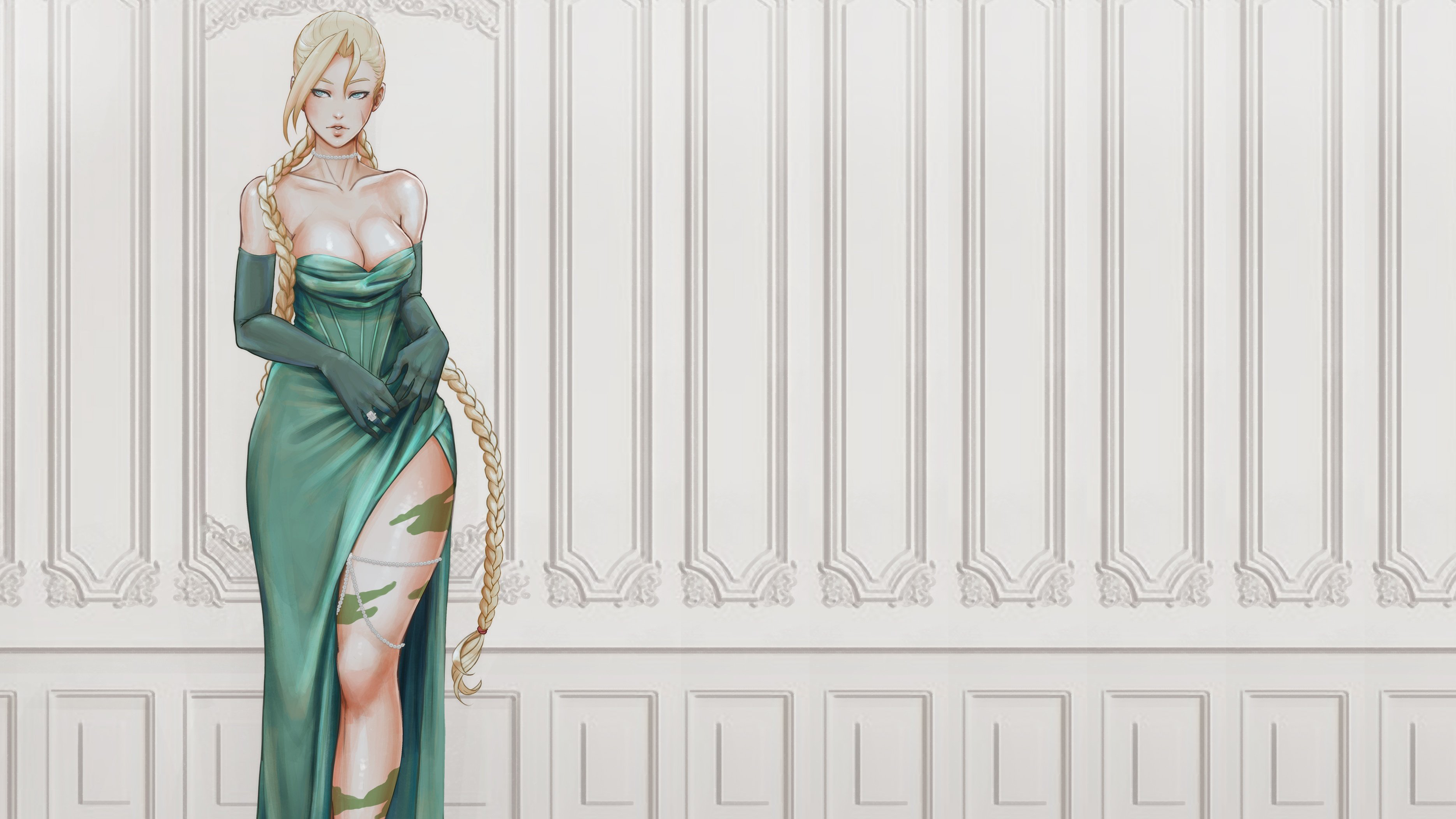 Anime 3840x2160 video games video game girls Capcom Street Fighter Super Street Fighter II Cammy White dress green dress boobs big boobs cleavage elbow gloves thighs braids blonde blue eyes necklace pearl necklace bangs anime girls bare shoulders strapless dress rings jewelry fighting games