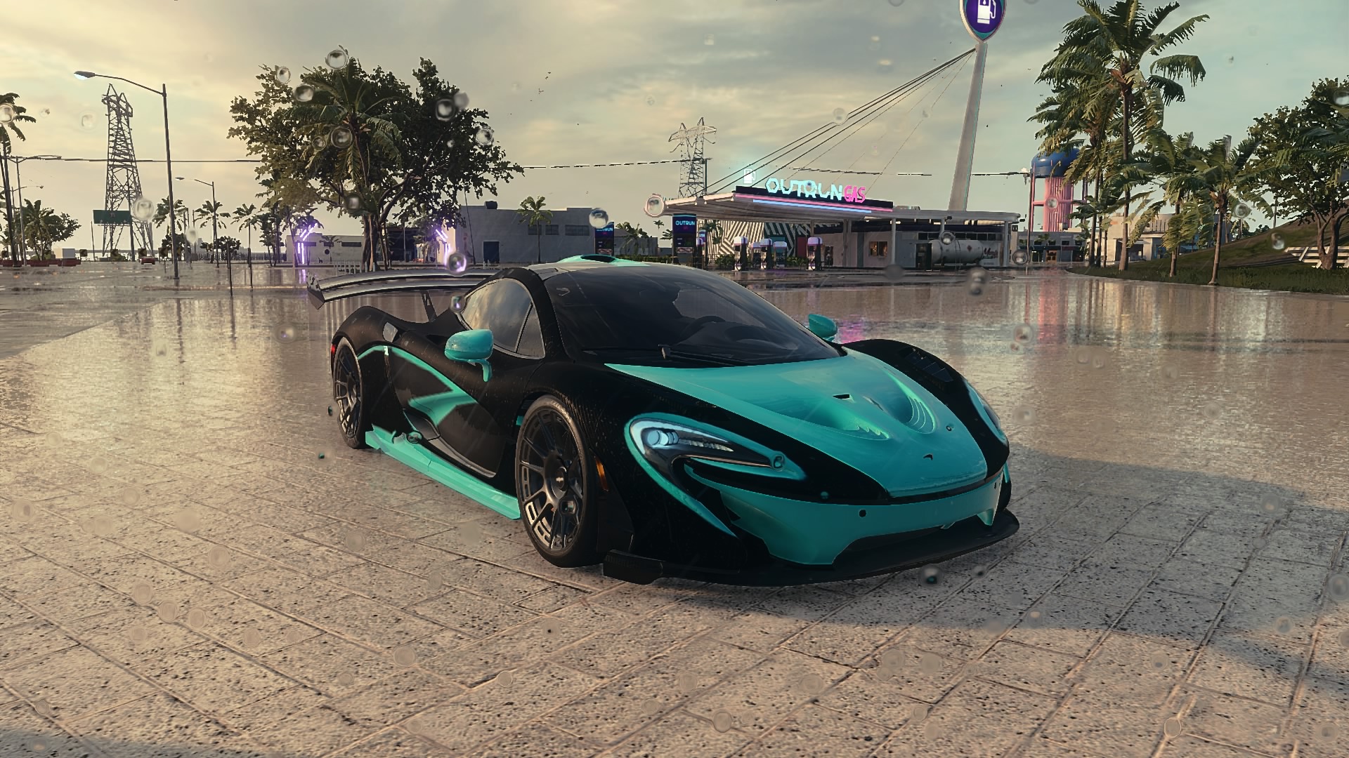 General 1920x1080 car Need for Speed: Heat light blue McLaren P1 gas station PlayStation 4 video game art screen shot video games frontal view headlights trees sky CGI wet power lines