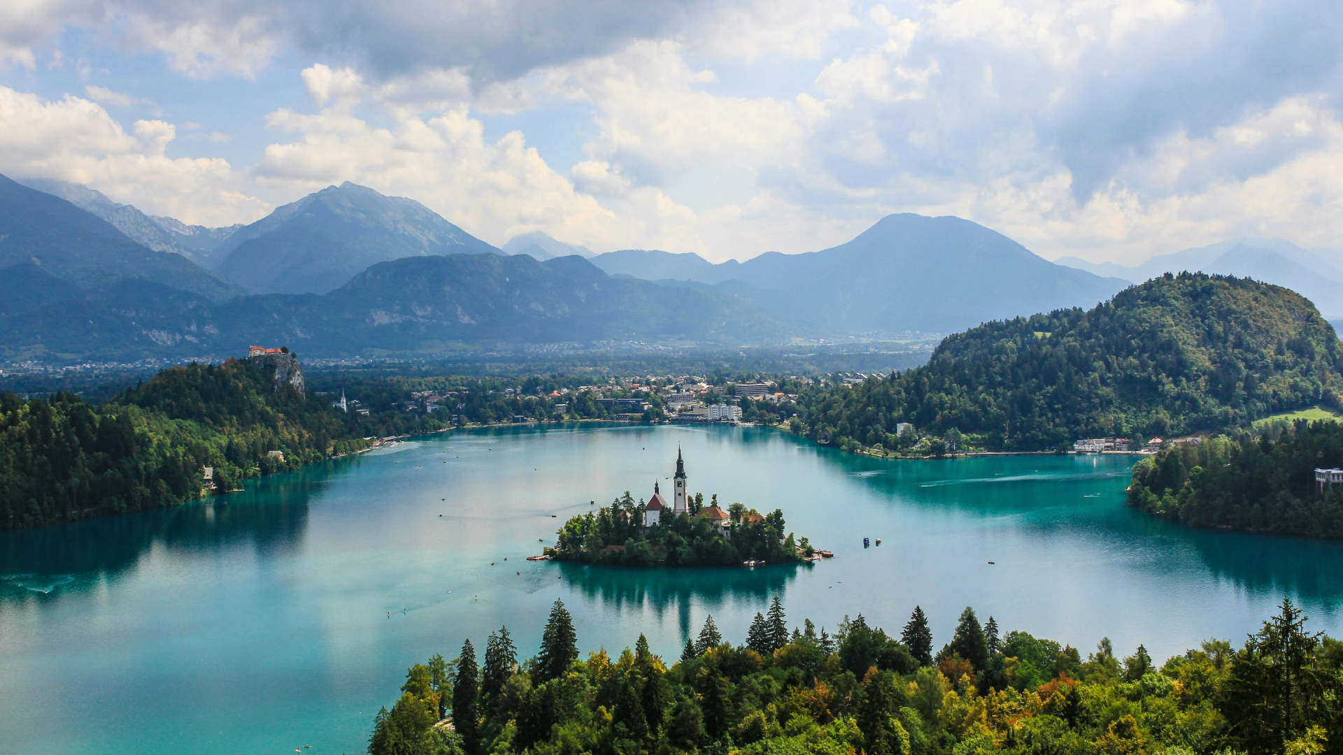General 1920x1080 lake mountains water clouds sky trees forest tourist aerial view church Europe Lake Bled Slovenia nature