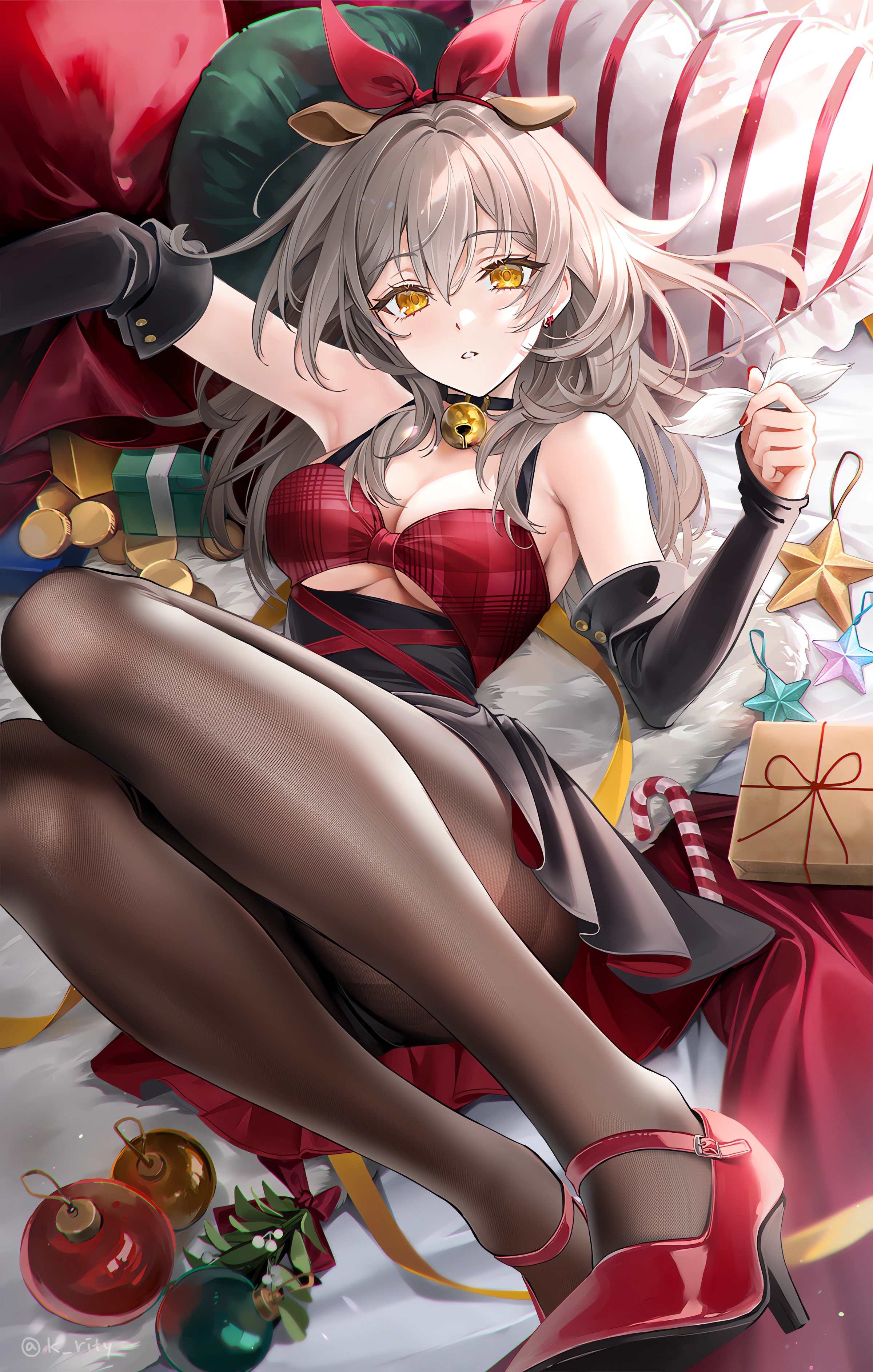 Anime 2400x3772 anime anime girls portrait display Rity (artist) Stelle (Honkai:Star Rail) bells Honkai: Star Rail looking at viewer long hair hair between eyes bent legs yellow eyes parted lips pantyhose watermarked pillow heart (design) earring big boobs Christmas ornaments  heels Christmas presents stars cleavage animal ears choker painted nails candy cane red heels lying down lying on back blonde video game girls video game characters