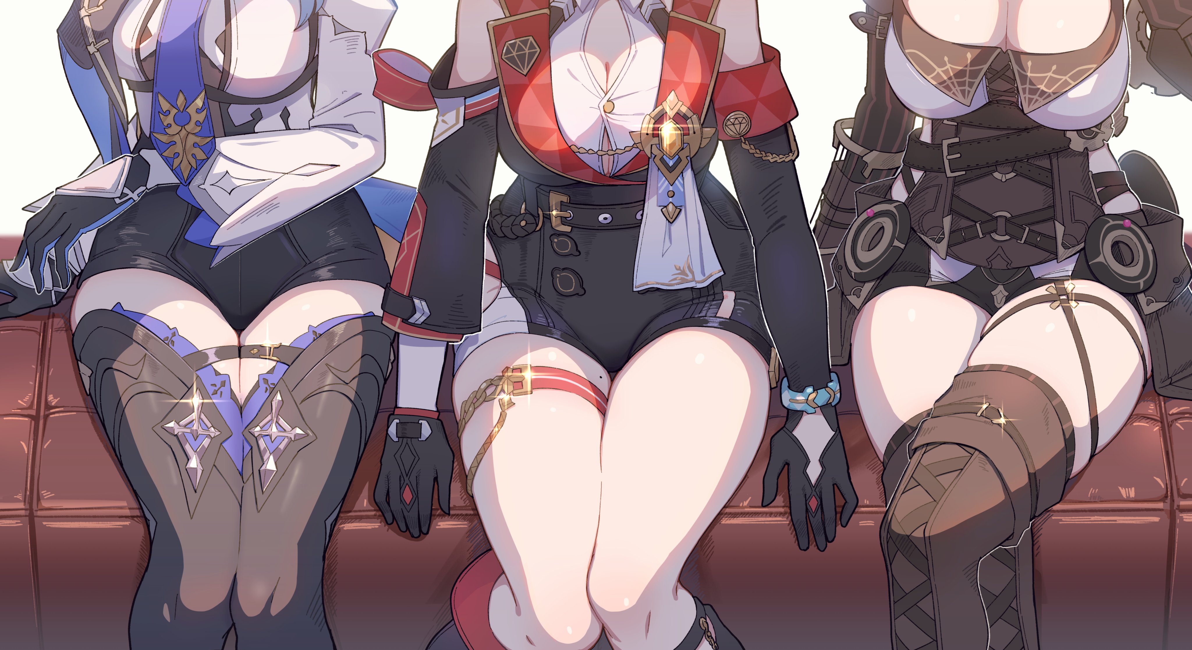 Anime 4096x2235 Honkai: Star Rail sitting group of women closeup women trio thigh strap high heeled boots gloves Genshin Impact crossover Eula (Genshin Impact) tie Topaz (Honkai: Star Rail) Vill-V (Honkai Impact) legs thighs together big boobs high waisted shorts shorts legs crossed black gloves Yumegiwa boobs lined up cleavage detached sleeves thighs moles couch sitting on the couch