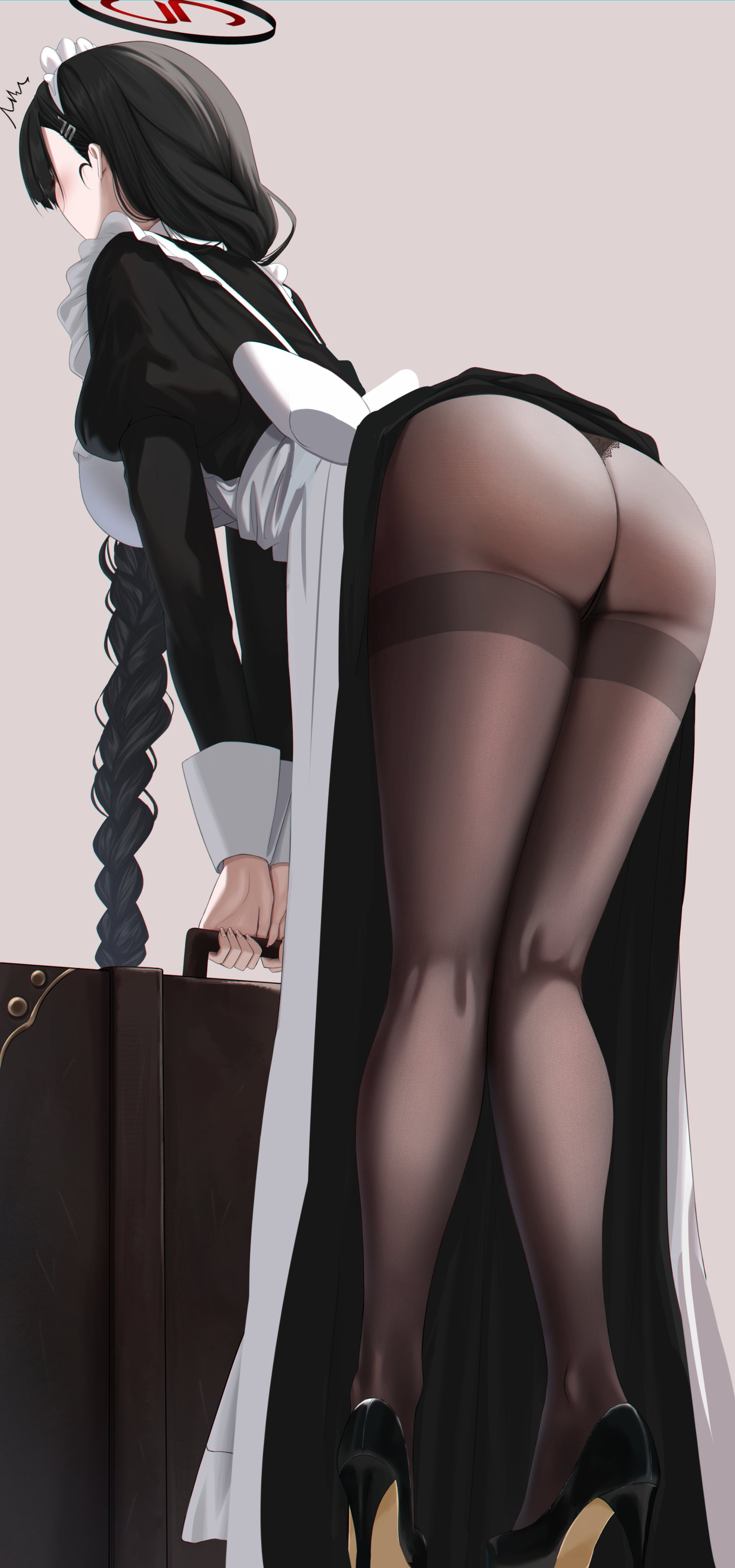 Anime 1921x4096 Blue Archive pantyhose portrait display long hair Tsukatsuki Rio high heels maid outfit lifting dress hair ornament suitcase white apron black dress bent over black footwear black pantyhose hair clip simple background thighs thighs together trembling big boobs lifting clothes Yamikyon white bow black hair standing apron ass maid dress braids legs