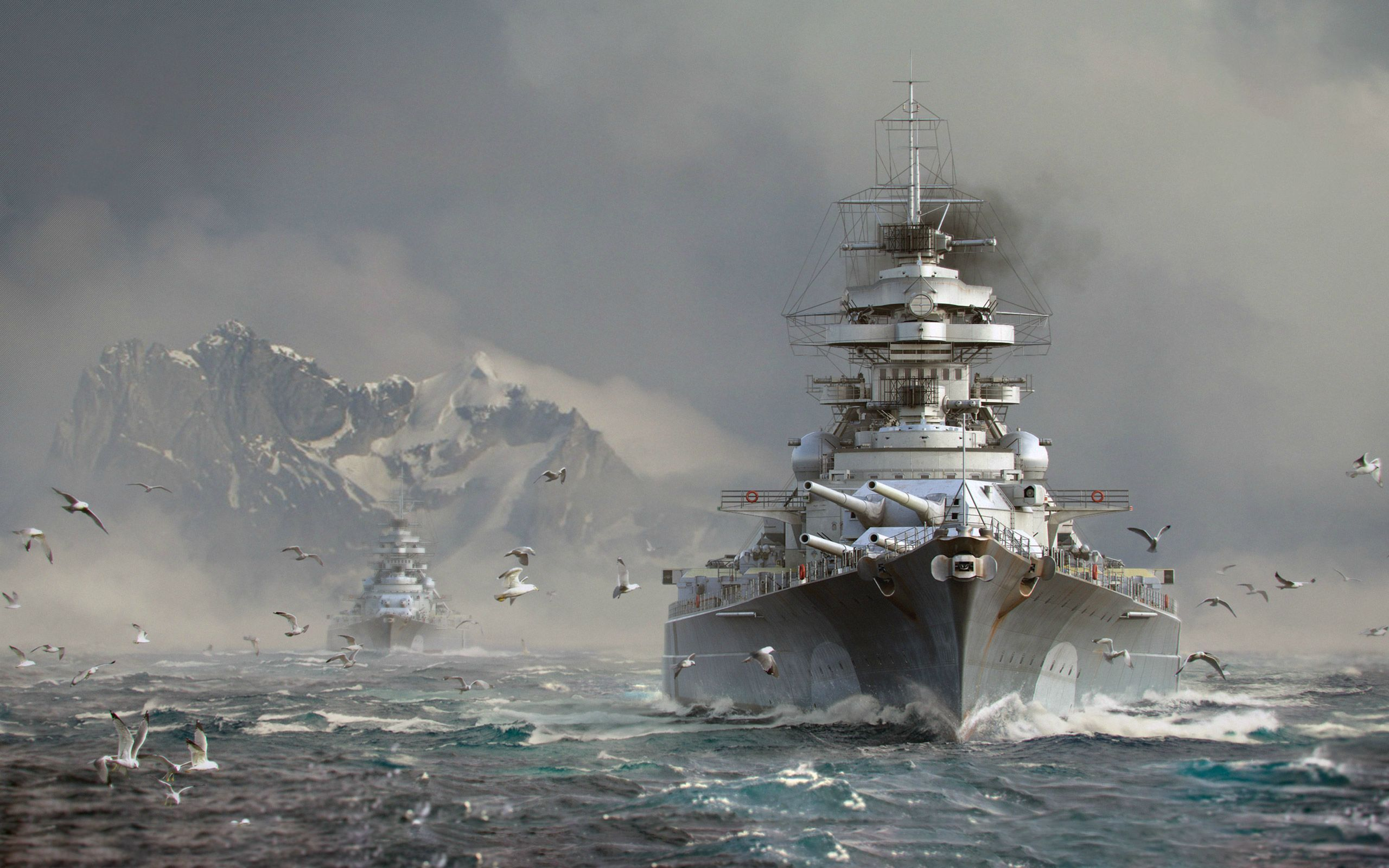 General 2560x1600 Bismarck (ship) World of Warships  artwork ship Battleships warship sea mountains Tirpitz wargaming