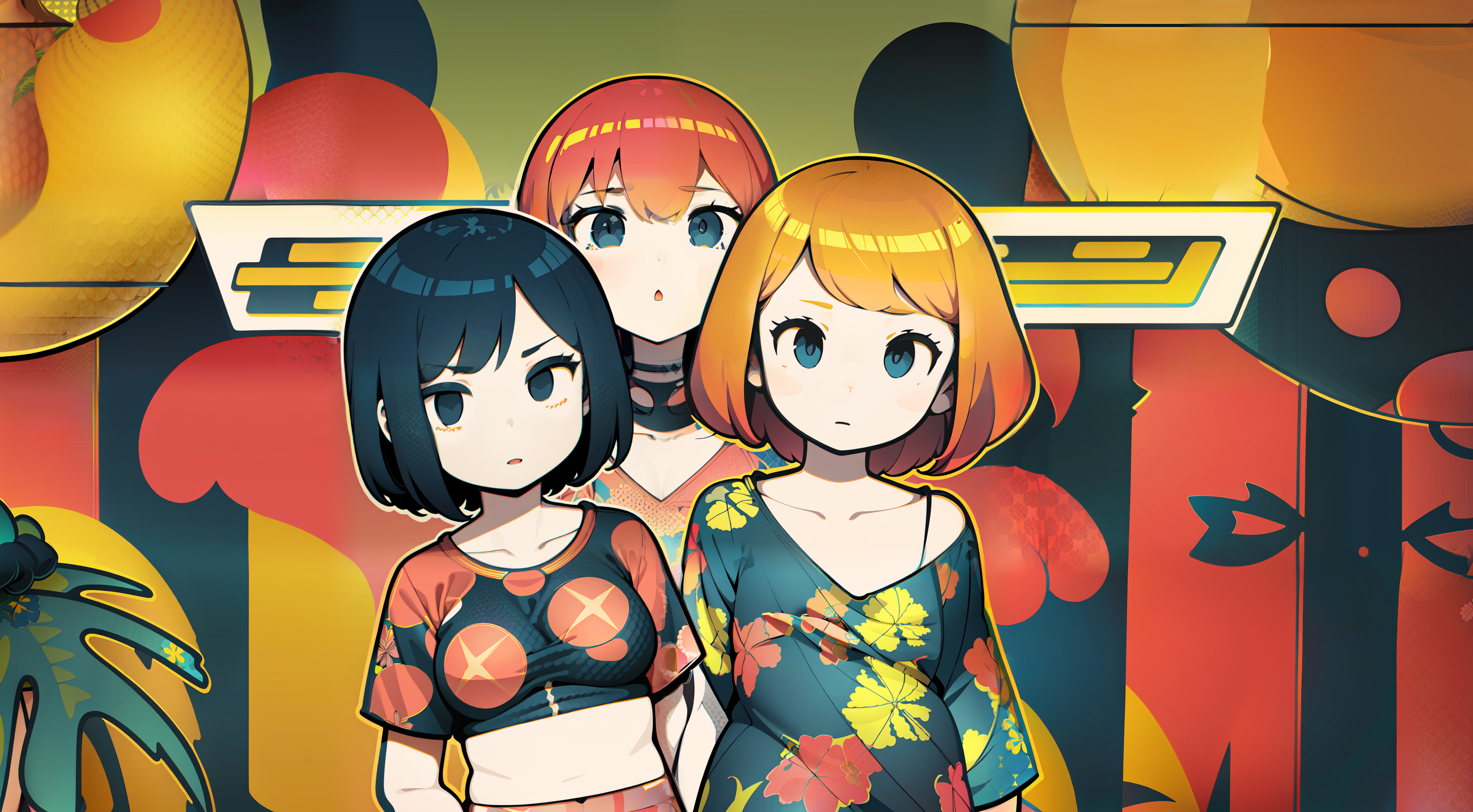 Anime 2784x1536 AI art floral skirt colorful looking at viewer women trio short hair parted lips closed mouth collarbone anime girls bare midriff short sleeves floral one bare shoulder off shoulder