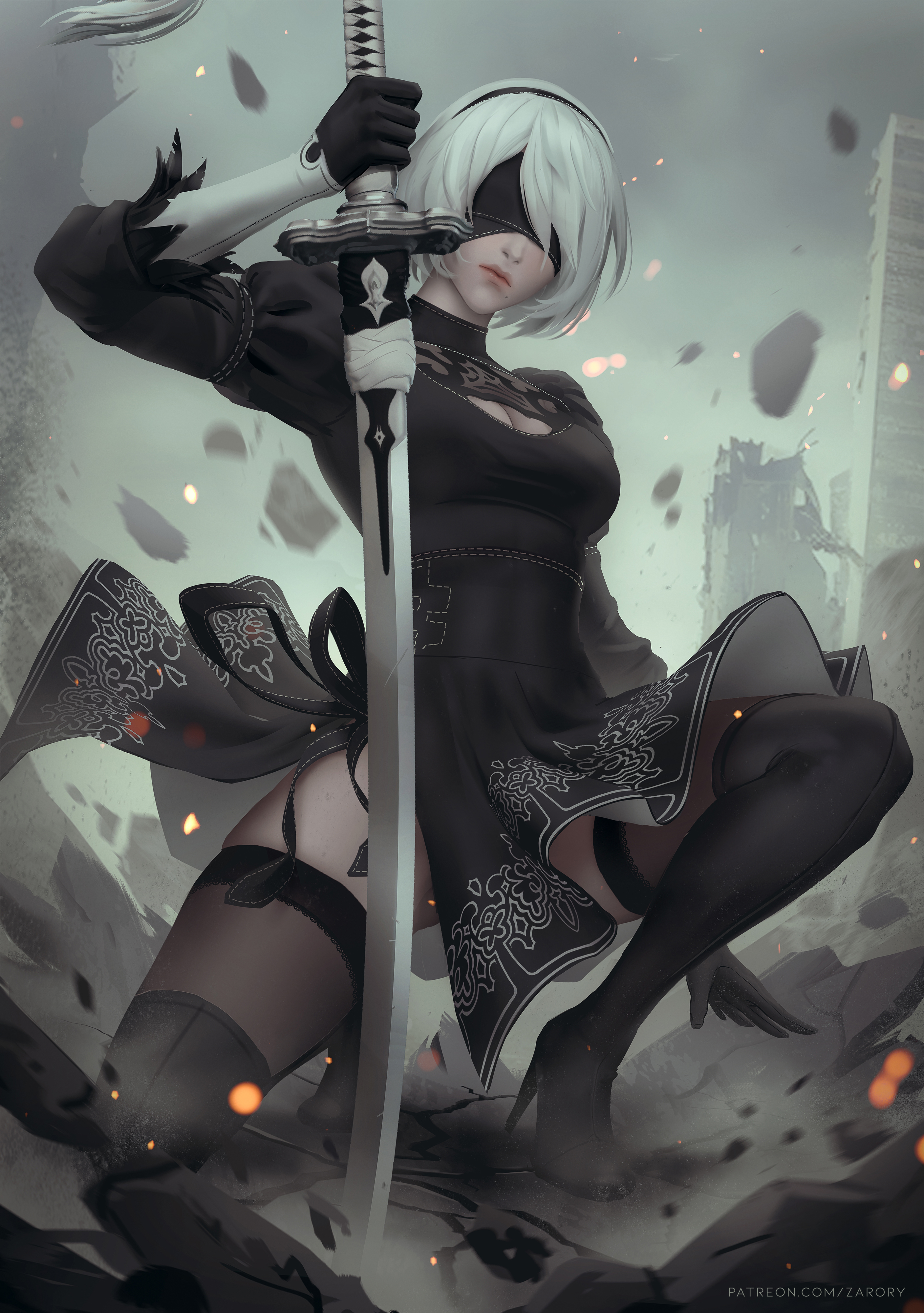 General 2815x4000 2B (Nier: Automata) video game girls artwork drawing fan art Zarory stockings lingerie Nier: Automata portrait display short hair video games white hair watermarked bent legs cleavage women outdoors video game art headband blindfold debris cleavage cutout dress feather-trimmed sleeves two tone gloves gloves black stockings katana women with swords skinny moles mole under mouth closed mouth high heels
