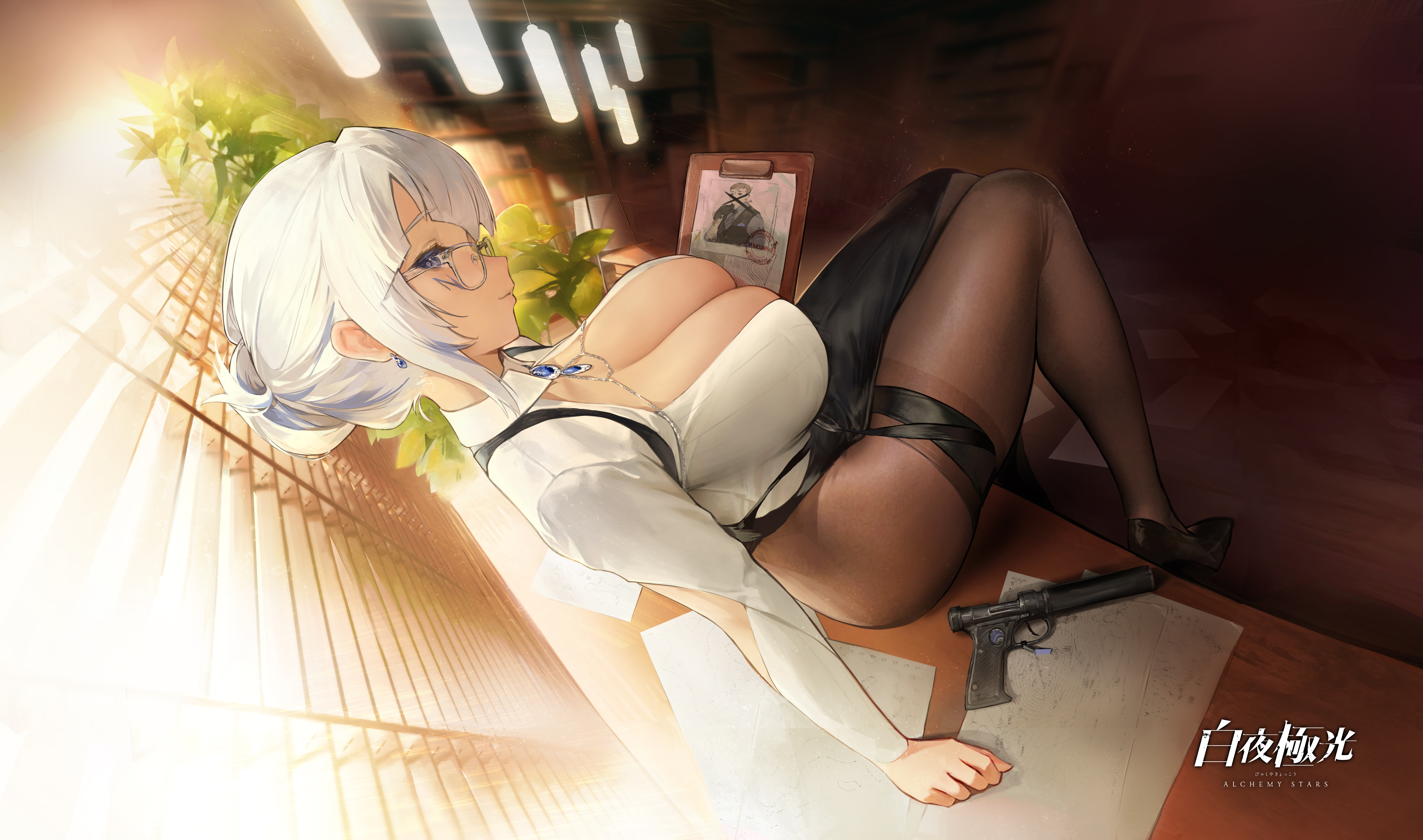 Anime 5078x3000 Alchemy Stars pantyhose Azure (Alchemy Stars) gun girls with guns big boobs looking at viewer glasses cleavage closed mouth long sleeves blue eyes clipboards white hair black pantyhose skirt white shirt black heels AGOTO women indoors looking sideways sitting blinds thighs heels