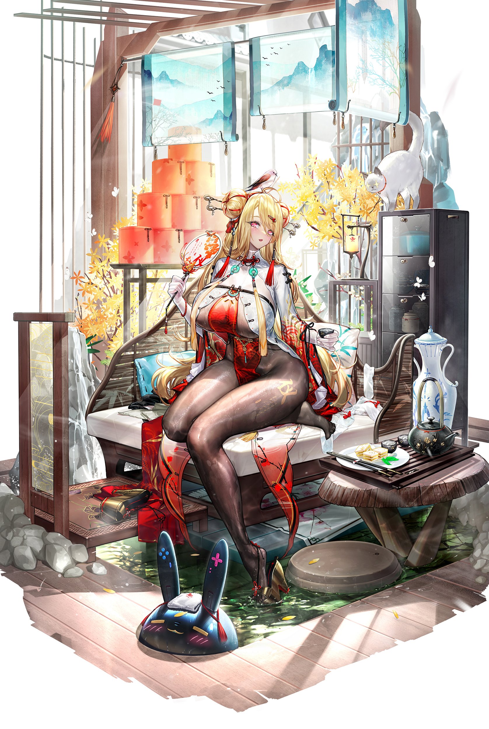 Anime 1676x2500 Dk. Senie Cross Core blonde looking at viewer hair ornament pantyhose hairbun asian clothing bodysuit big boobs wet clothing birds women indoors fans hair stick open mouth cats sitting water