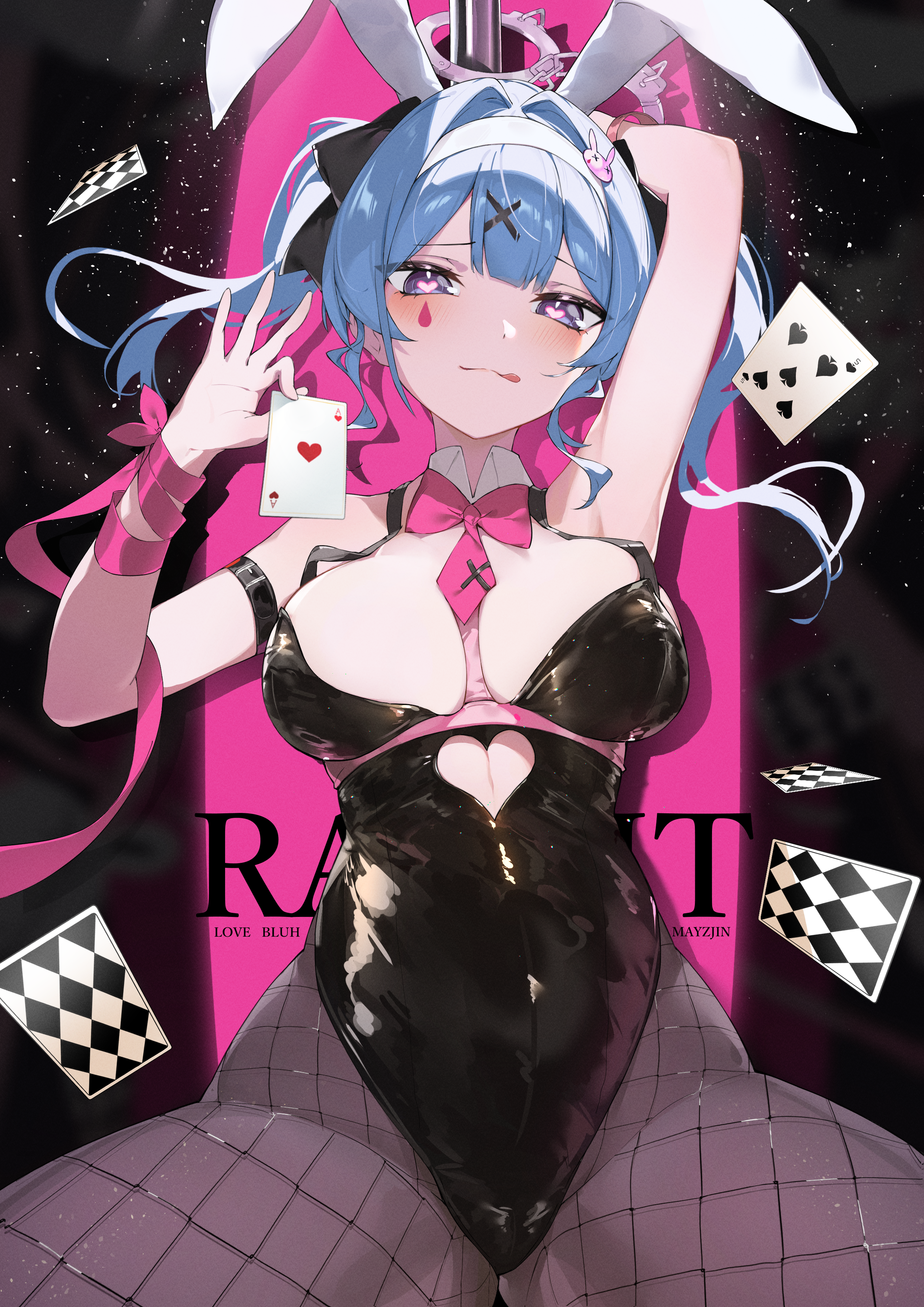 Anime 2480x3508 Hatsune Miku blushing bunny ears Pixiv Vocaloid portrait display looking at viewer tongues tongue out long hair one arm up armpits black leotard heart eyes closed mouth blue hair blue eyes ribbon leotard thighs tie hair ornament skinny anime girls licking lips big boobs bunny suit headband hair ribbon cards dancing poles handcuffs