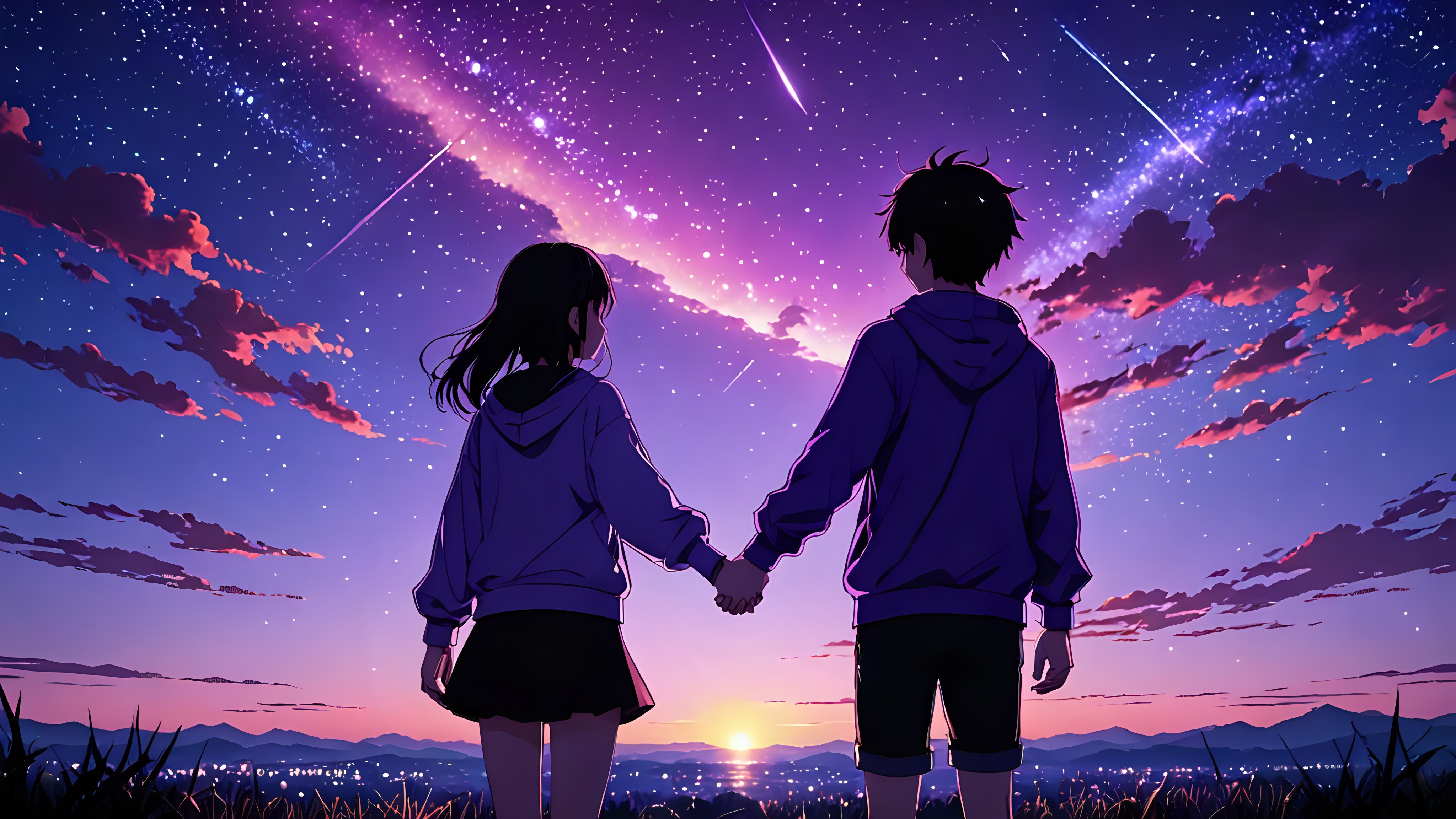 Anime 4096x2305 AI art anime couple gradient holding hands anime girls anime boys stars clouds sky looking into the distance standing long hair short hair men outdoors women outdoors grass mountains long sleeves sunset glow shooting stars skirt shorts jacket city lights sunlight