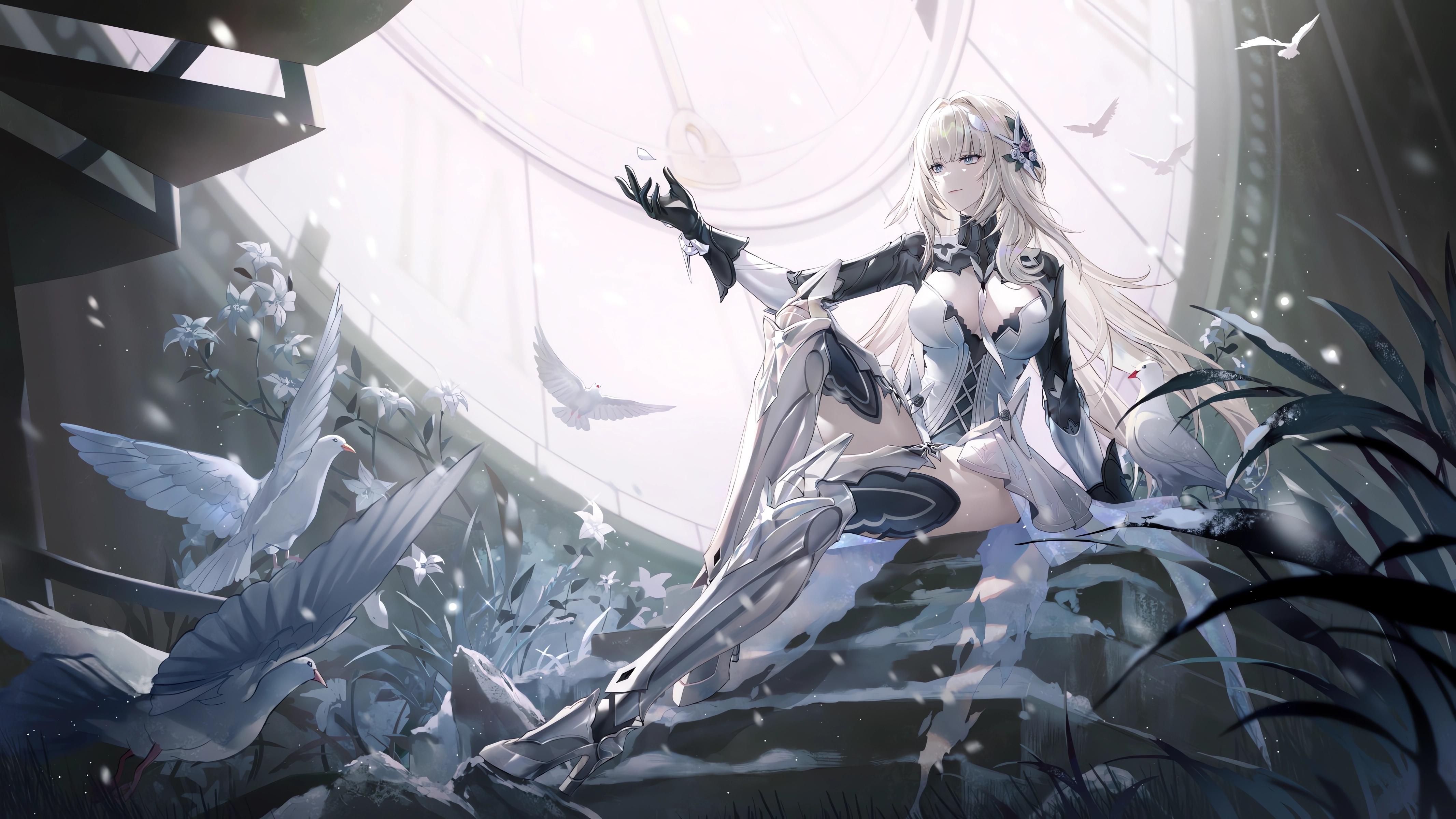 Anime 4266x2400 anime anime girls Punishing: Gray Raven Bianca (Punishing: Gray Raven) sitting birds leaves looking away long hair closed mouth smiling snow heels flowers big boobs animals flower in hair blonde blue eyes gloves thighs arms reaching Criin