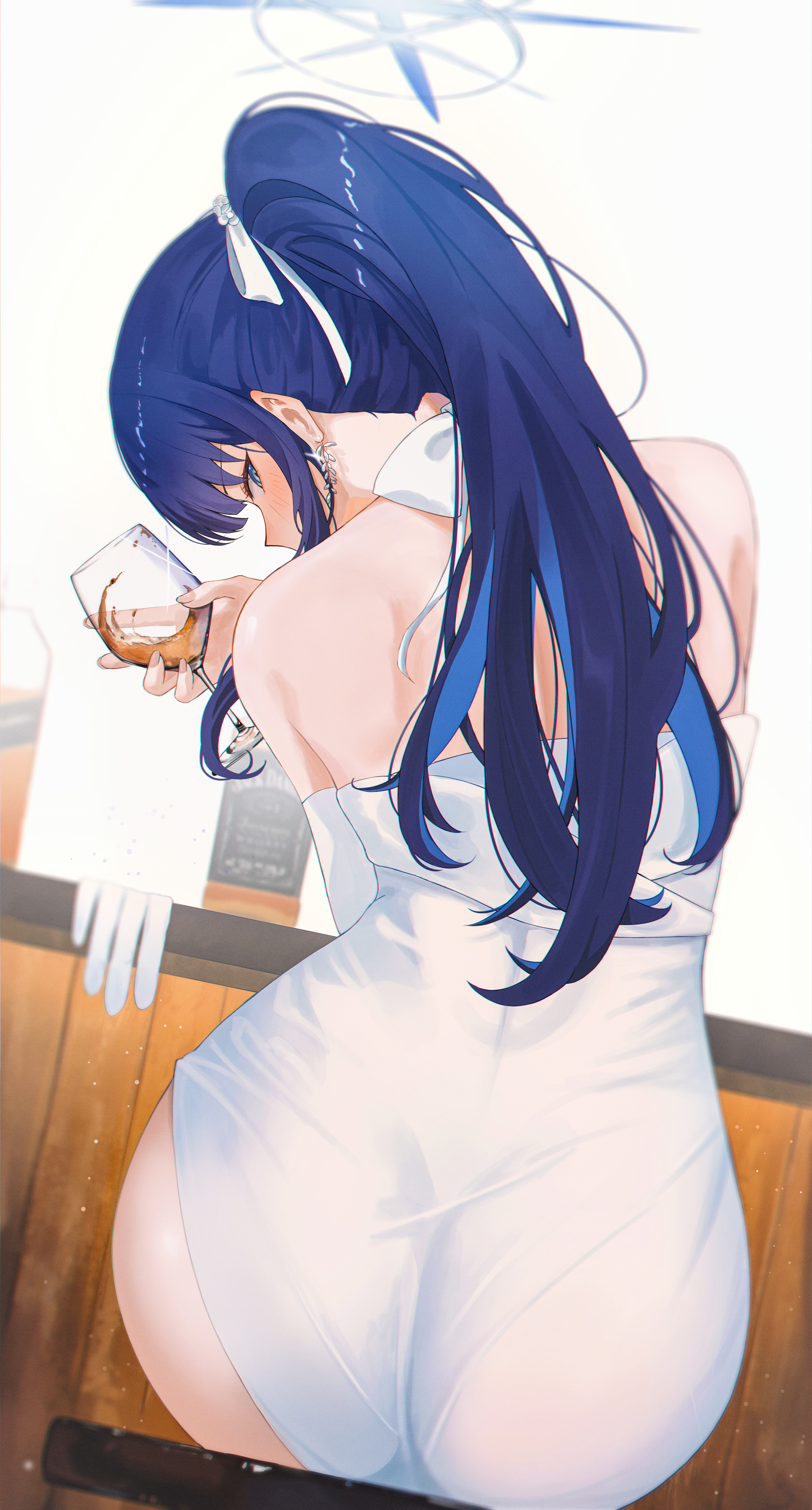 Anime 4516x8393 Blue Archive white dress portrait display ponytail Saori Joumae blue hair blue eyes looking back looking at viewer drink bare shoulders long hair looking over shoulder cup elbow gloves white gloves Rega dress whiskey ass sitting alcohol