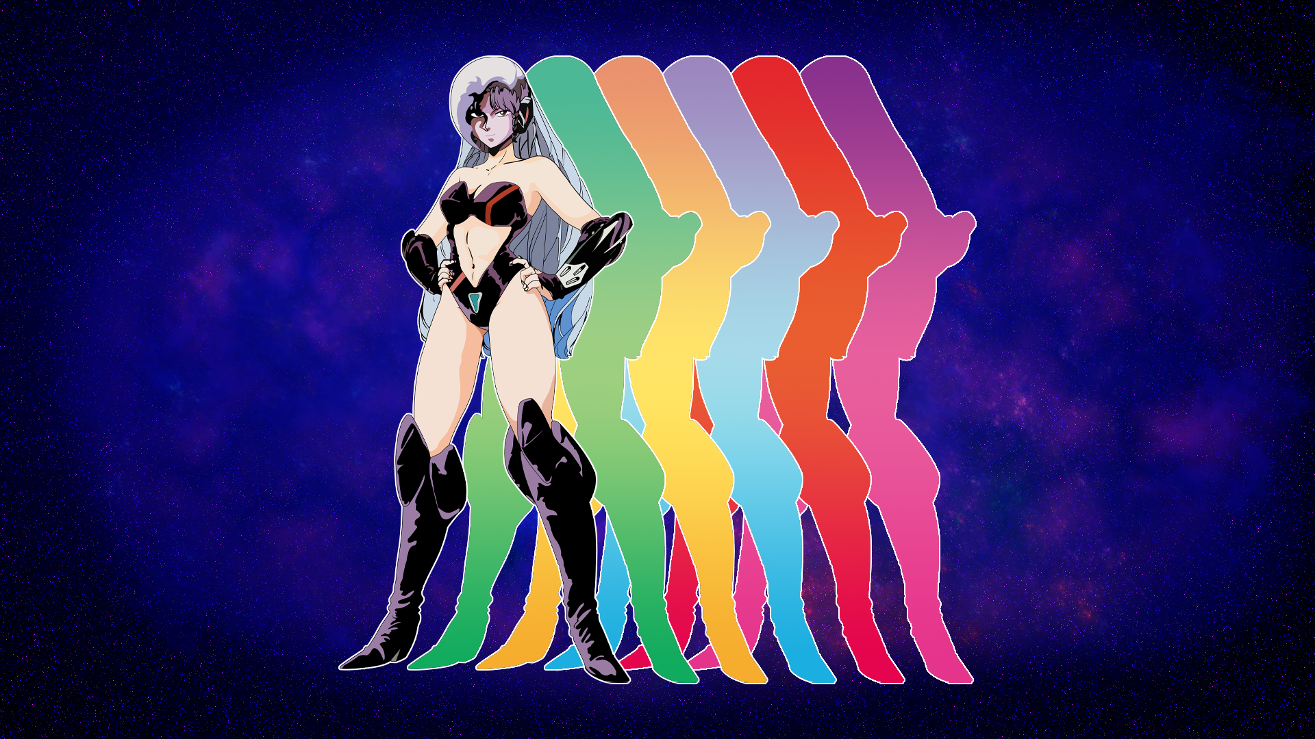 Anime 1920x1080 Daitokuji Biko leotard anime girls blue hair black leotard long hair looking at viewer thighs helmet stars blue background cleavage gradient Project A-ko knee-high boots vector Vector trace