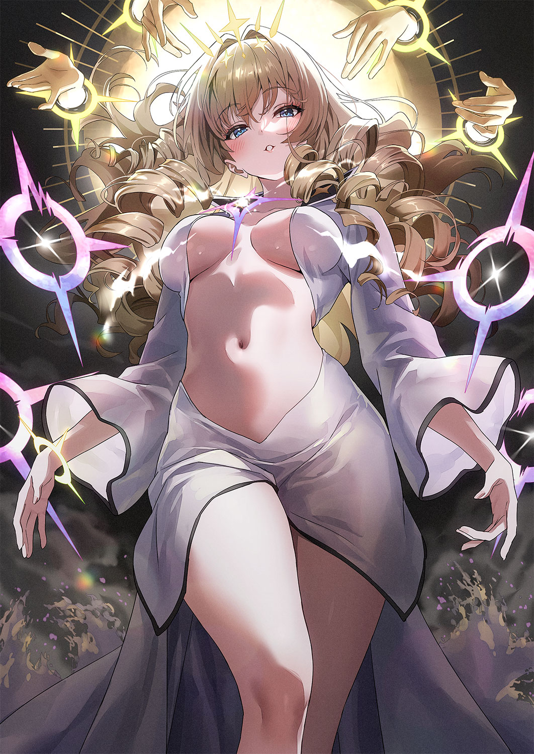Anime 1062x1500 Nikke: The Goddess of Victory portrait display long hair Crown (Nikke) white robe looking at viewer walking parted lips long sleeves partially clothed blonde big boobs blue eyes drill hair Sonsoso belly button robes blushing thighs