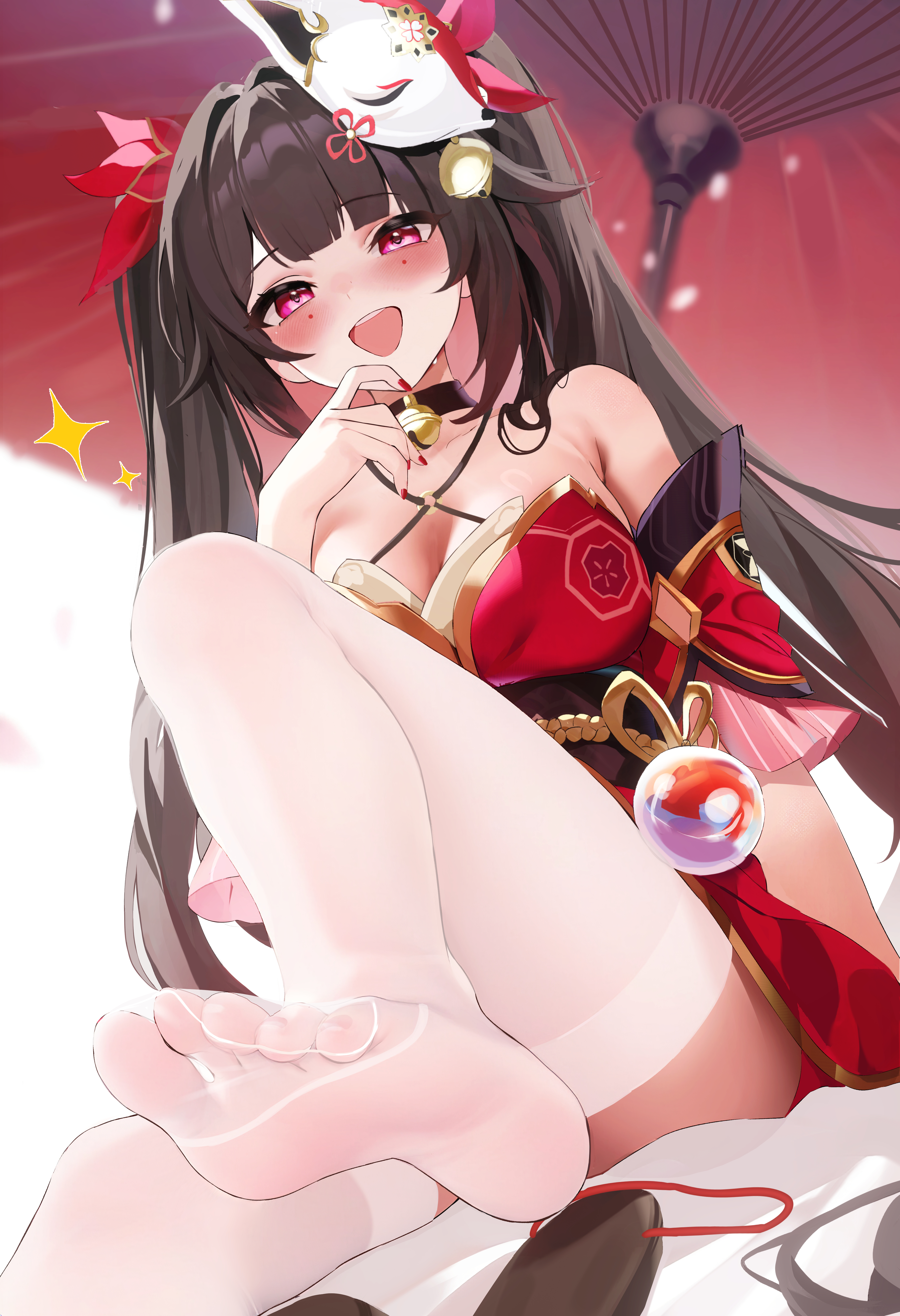 Anime 4160x6080 thigh-highs lifting skirt Sparkle (Honkai: Star Rail) Fantongjun anime girls Japanese clothes sitting Honkai: Star Rail anime open mouth long hair collarbone red eyes white stockings stockings bent legs looking at viewer sash simple background white background blushing umbrella cleavage foot sole feet toes collar sparkles bells painted nails red nails bright
