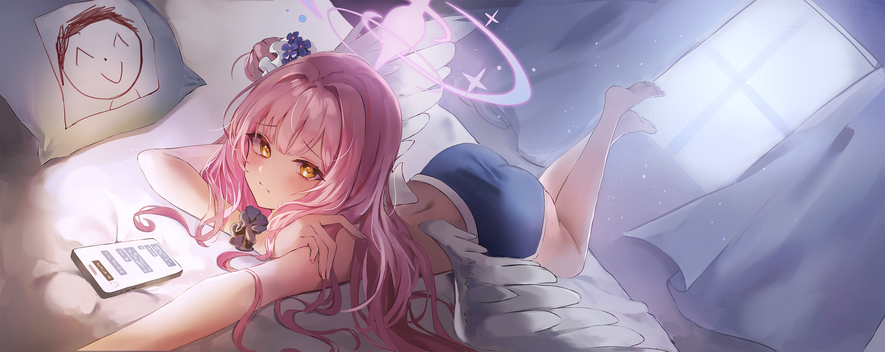 Anime 3000x1195 Blue Archive anime anime girls anime games Misono Mika wings angel pink hair Pixiv looking at viewer women indoors Lkeris closed mouth blushing feet in the air foot sole curtains in bed bed Sensei (Blue Archive) ass phone flower in hair hairbun dolphin shorts window hair spread out lying down lying on front