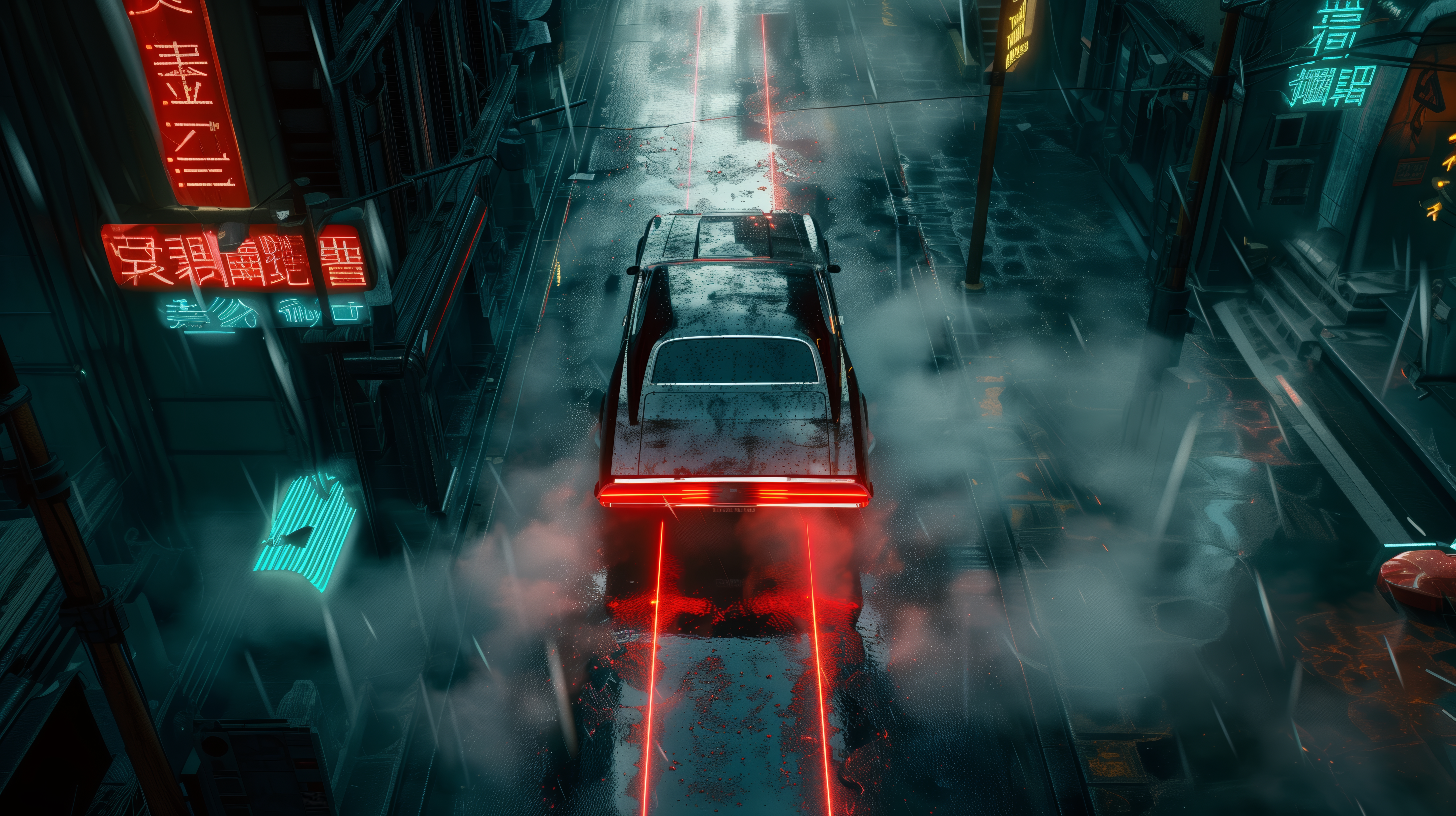 General 5824x3264 AI art illustration cyberpunk city street neon muscle cars rain Asia taillights concept art night