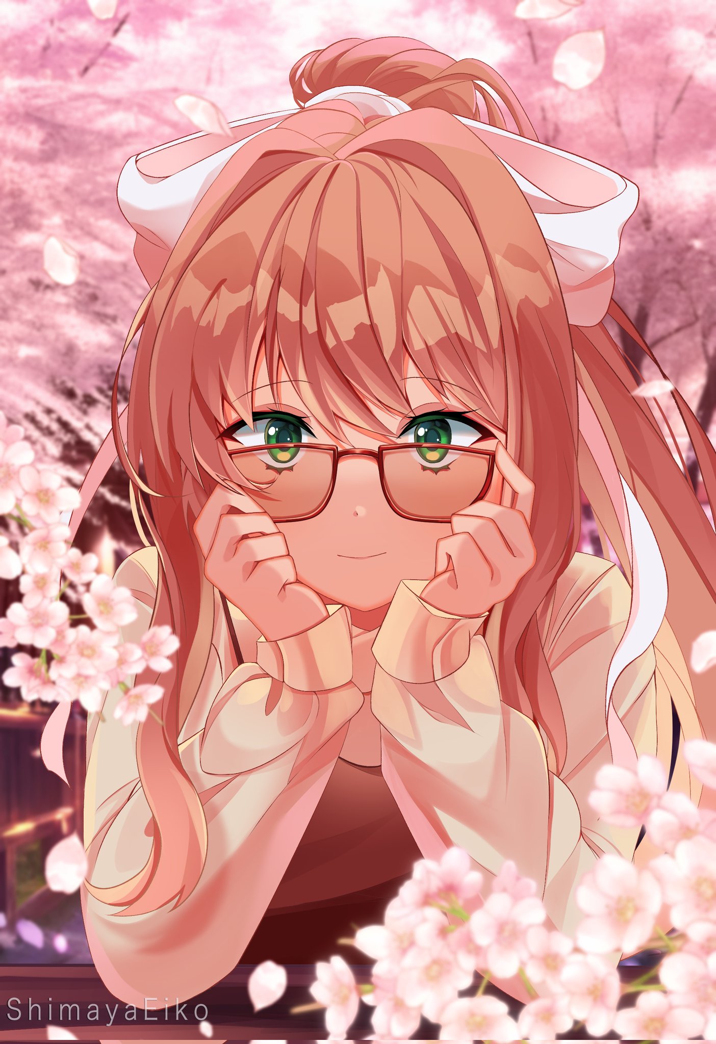 Anime 1404x2048 Doki Doki Literature Club portrait display long hair Monika (Doki Doki Literature Club) looking at viewer brunette ponytail women outdoors video game girls glasses green eyes cherry blossom hair ribbon long sleeves Shimayaeiko red glasses Just Monika pink sweater closed mouth arm support smiling pink flowers anime girls resting head watermarked petals