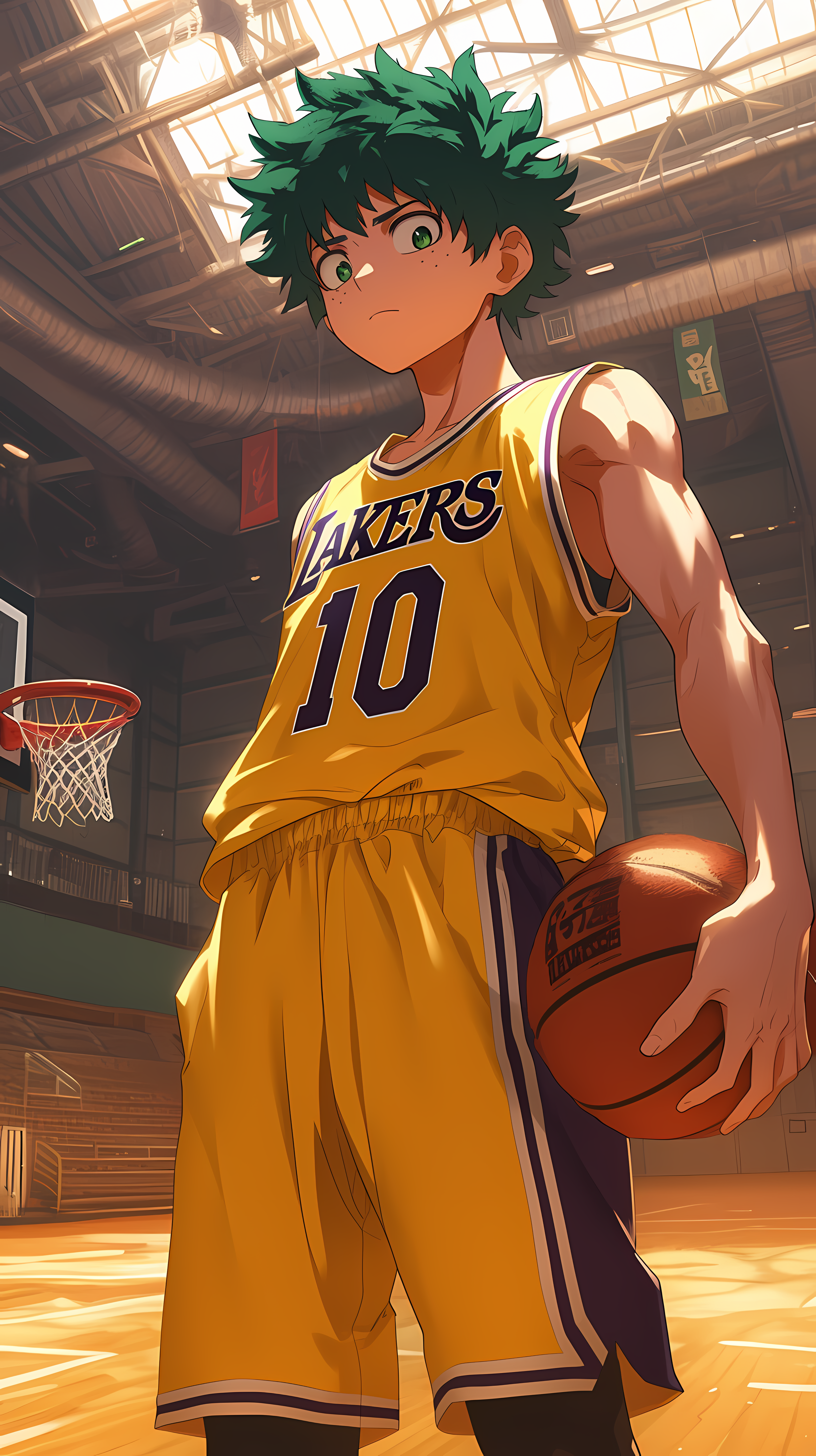 Anime 3264x5824 AI art Los Angeles Lakers basketball portrait display Izuku Midoriya Boku no Hero Academia