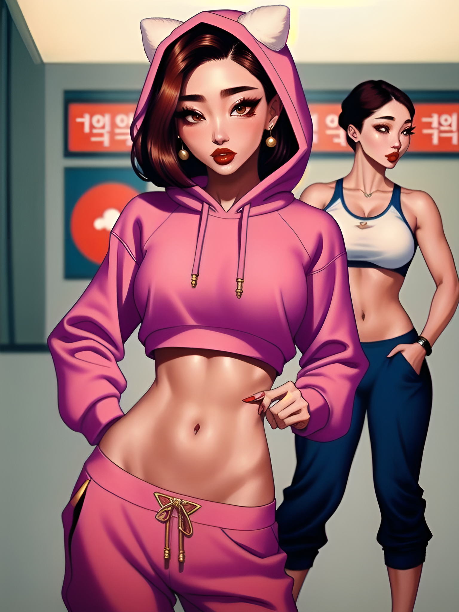 Anime 1536x2048 AI art anime girls sporty portrait display belly belly button earring looking at viewer hoods sweatshirts nopan two women
