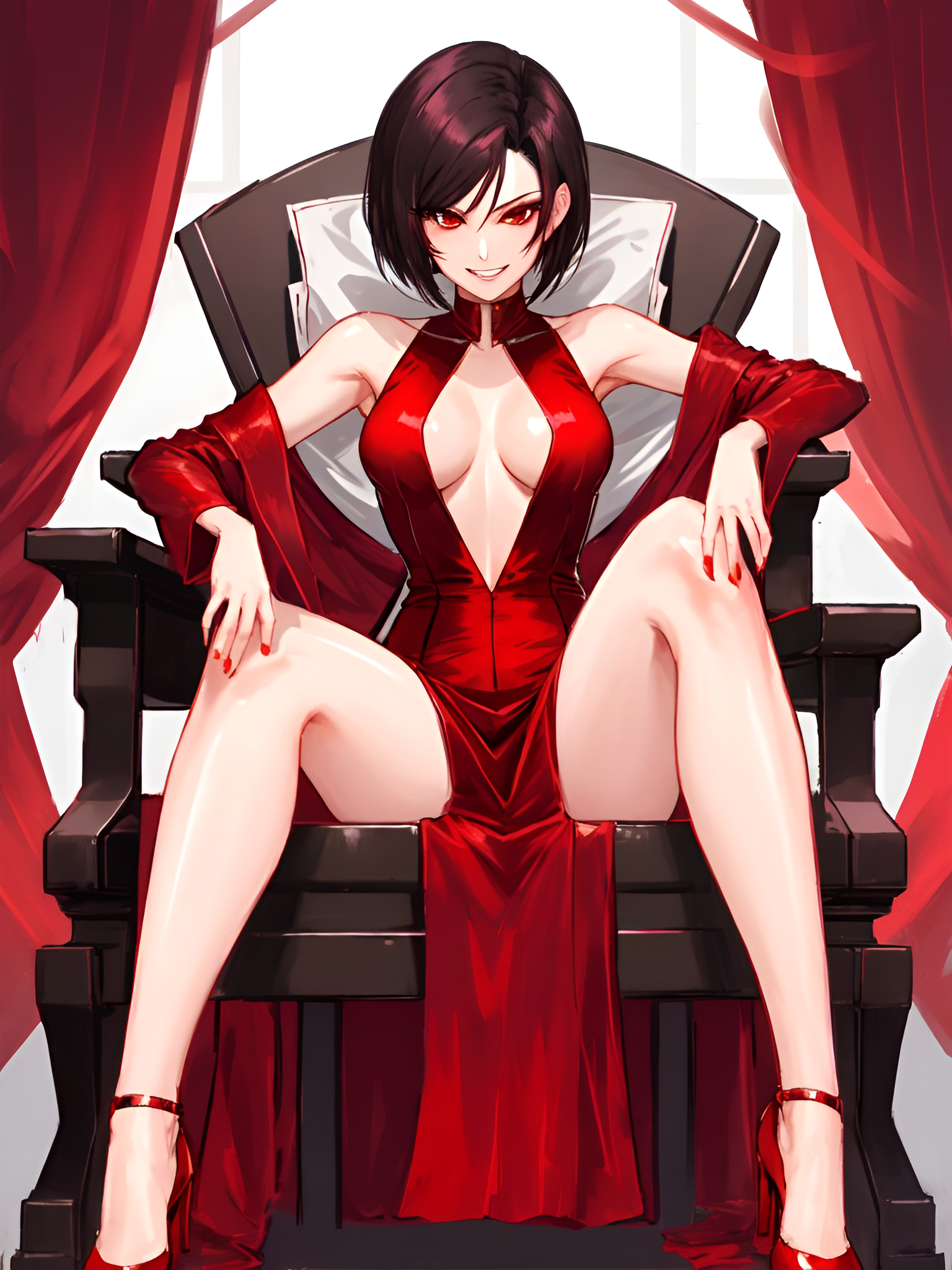 Anime 1536x2048 AI art Resident Evil Ada Wong portrait display looking at viewer sitting boobs smiling short hair heels legs anime girls dress red dress
