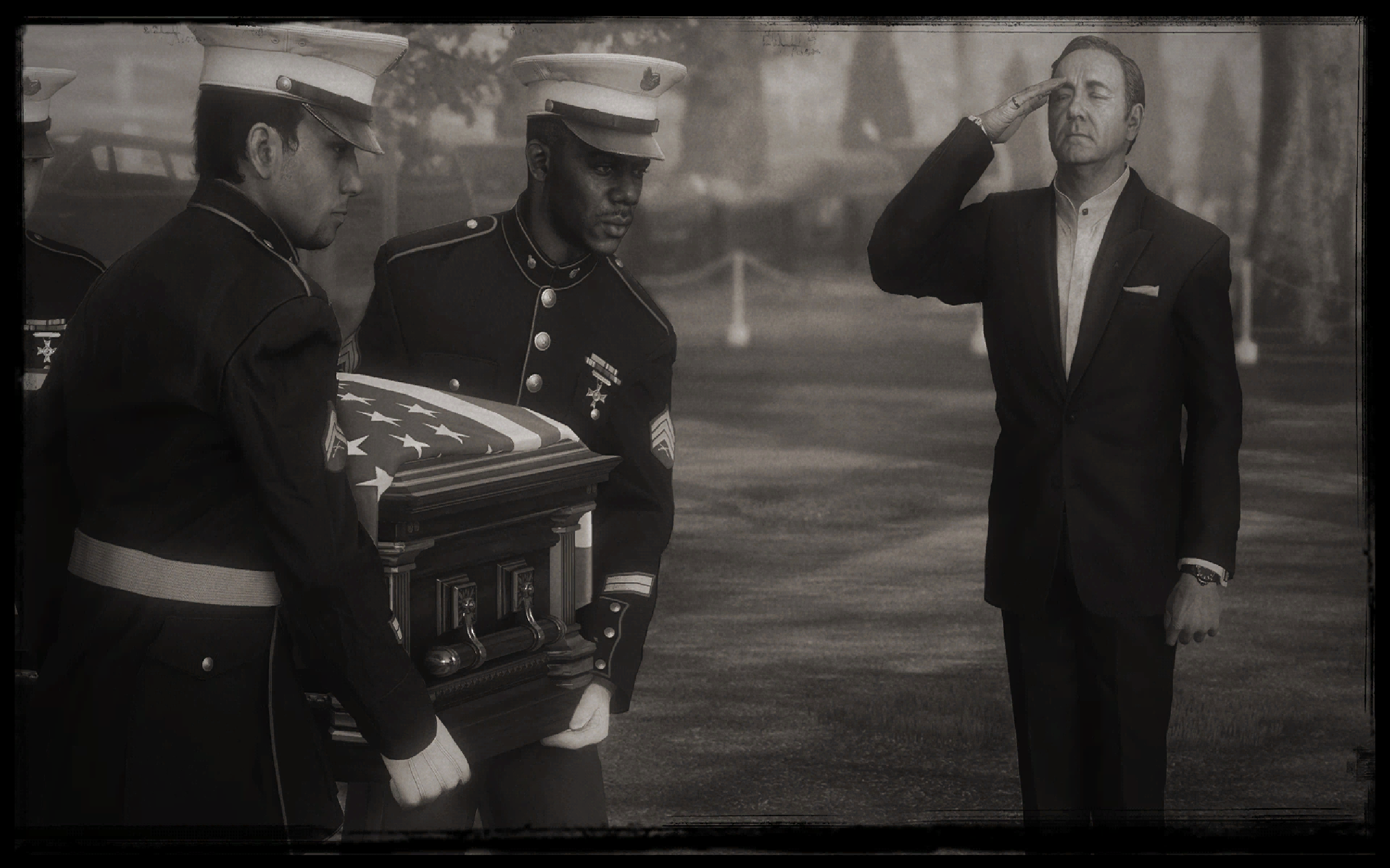 General 2560x1600 video games Call of Duty: Advanced Warfare monochrome salute video game characters CGI video game men uniform closed eyes Kevin Spacey United States Marine Corps cemetery