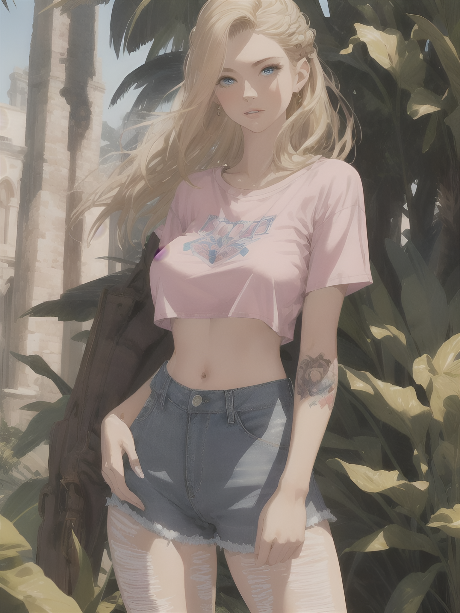Anime 1536x2048 AI art anime girls blonde belly long hair looking at viewer blue eyes jean shorts bare midriff tattoo plants pink tops portrait display column leaves no bra natural boobs