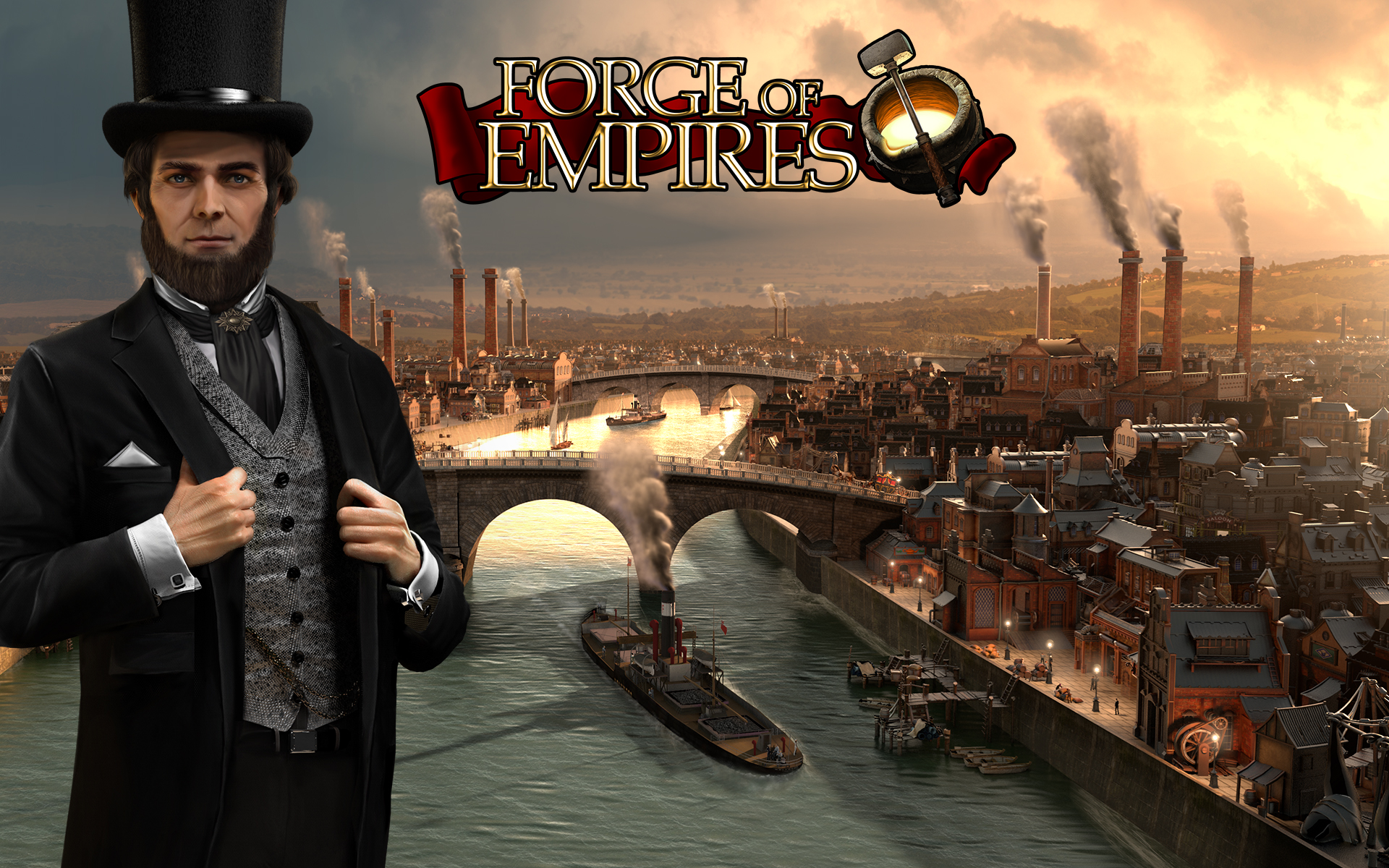 General 1920x1200 video games Forge of Empires Victorian factories cityscape men river bridge top hat steamship house smoke water video game art ship suit and tie beard city looking at viewer sky clouds