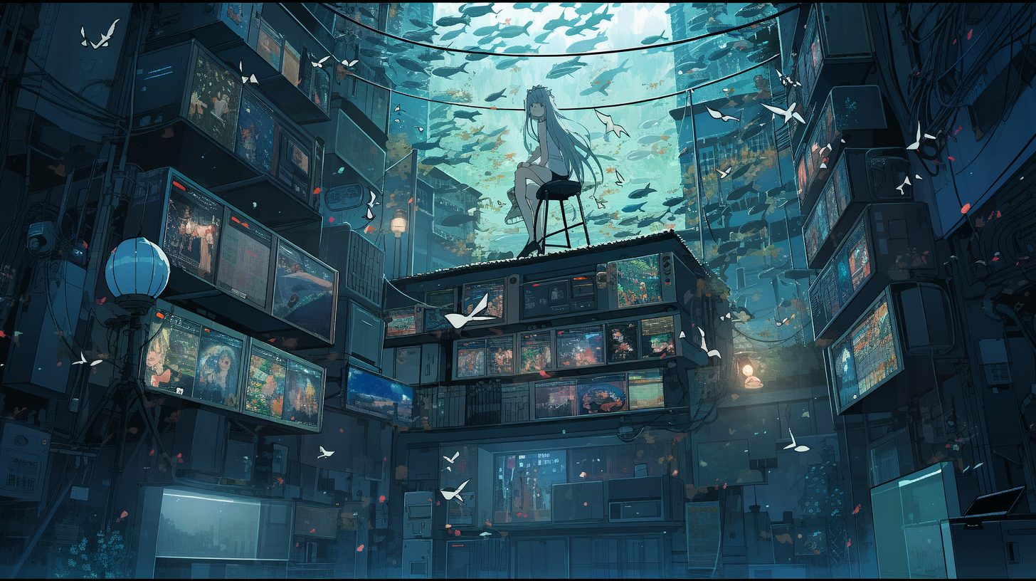 Anime 1456x816 artwork digital art city building fish anime AI art anime girls sitting looking at viewer long hair underwater water in water