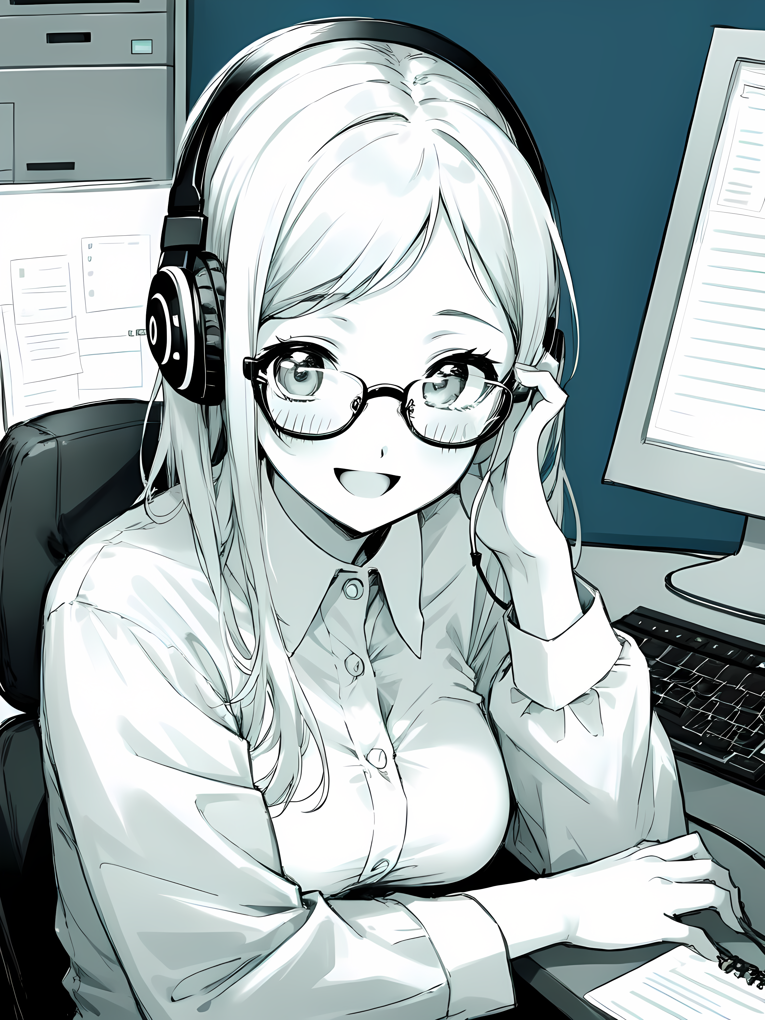 Anime 3072x4096 AI art anime girls office girl manga portrait display glasses looking at viewer chair sitting long hair blushing headphones