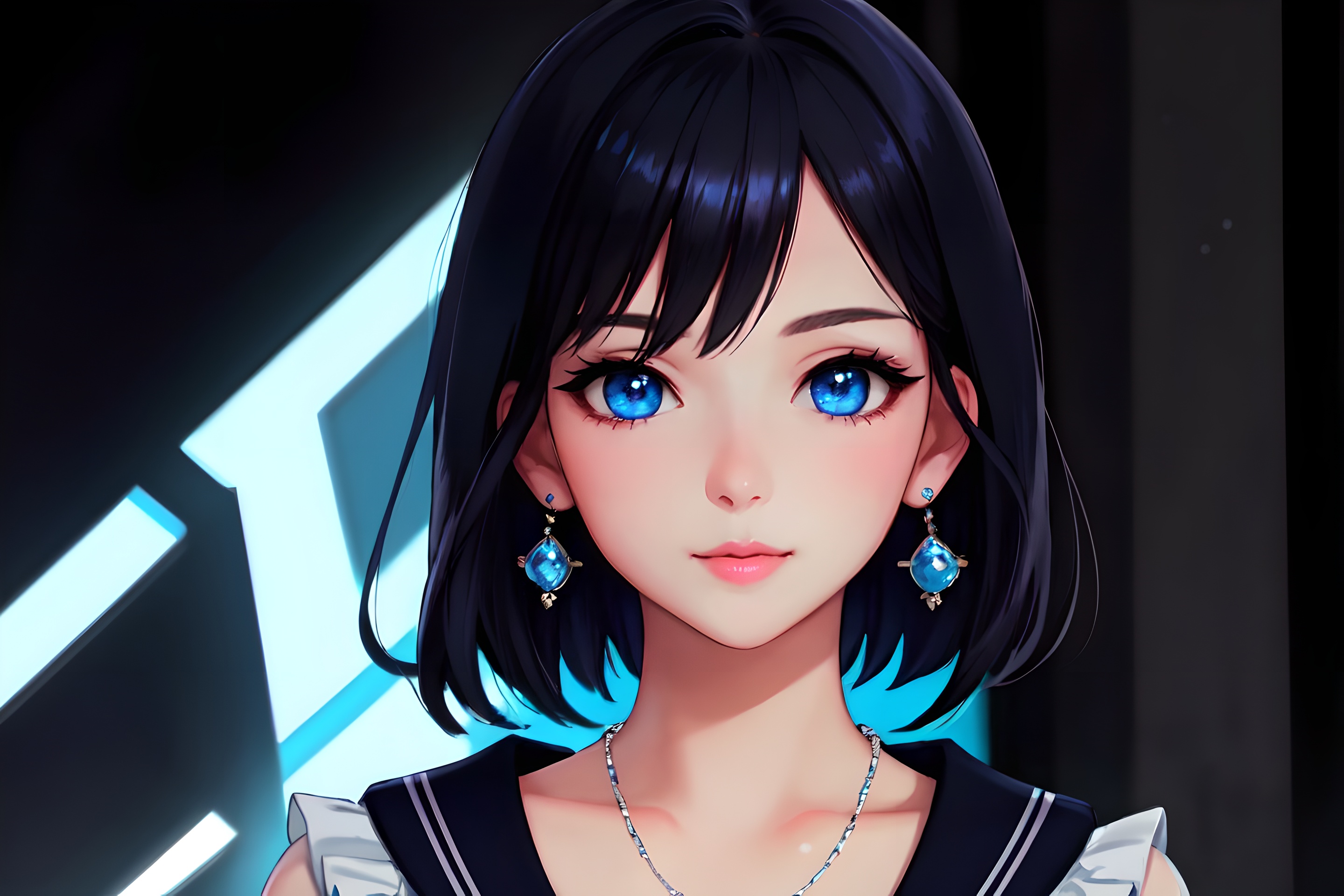 Anime 2880x1920 AI art anime girls brunette character design  blue eyes looking at viewer earring necklace short hair