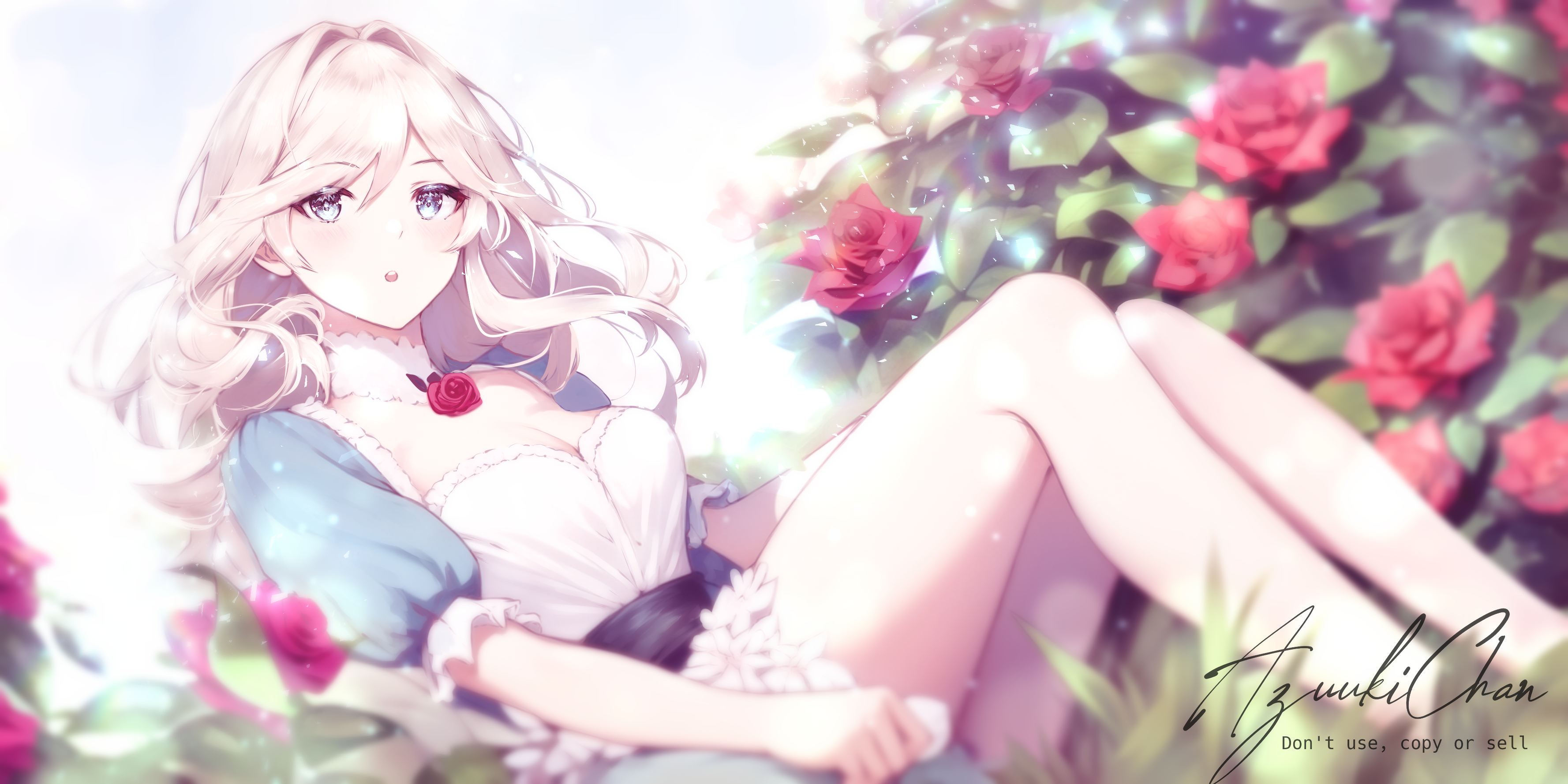 Anime 3555x1778 anime anime girls flowers long hair looking at viewer blue eyes blonde leaves rose
