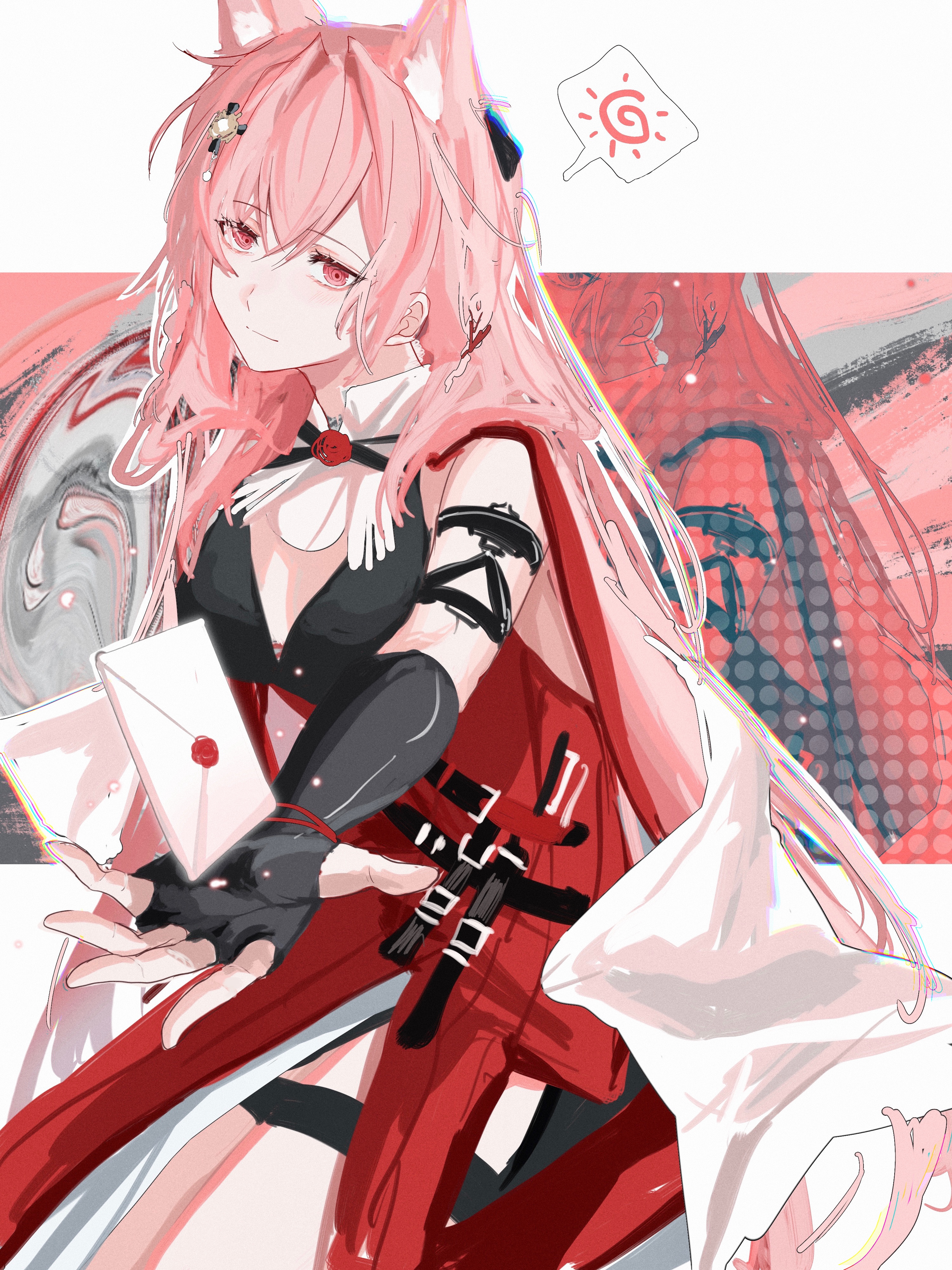 Anime 3000x4000 Arknights Pozёmka (Arknights) wolf girls pink hair looking at viewer long hair letter anime girls portrait display gloves fingerless gloves wolf ears arms reaching