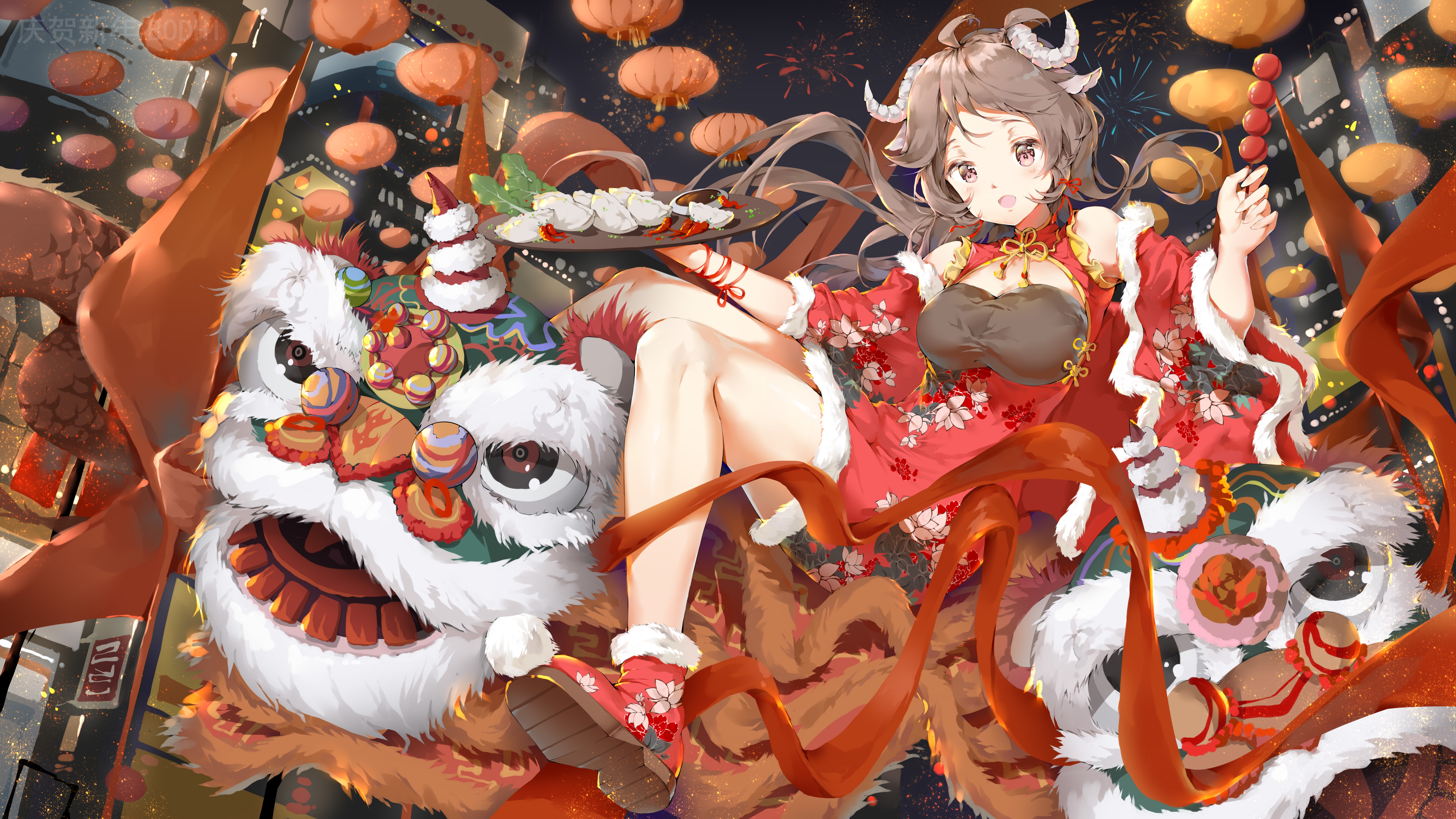Anime 6667x3750 Eyjafjalla(Arknights) night Arknights city lights anime girls dragon BODHI animal ears long hair brunette looking at viewer Chinese clothing festivals hair ornament sky lanterns cheongsam Chinese dress floating smiling brown eyes building fireworks