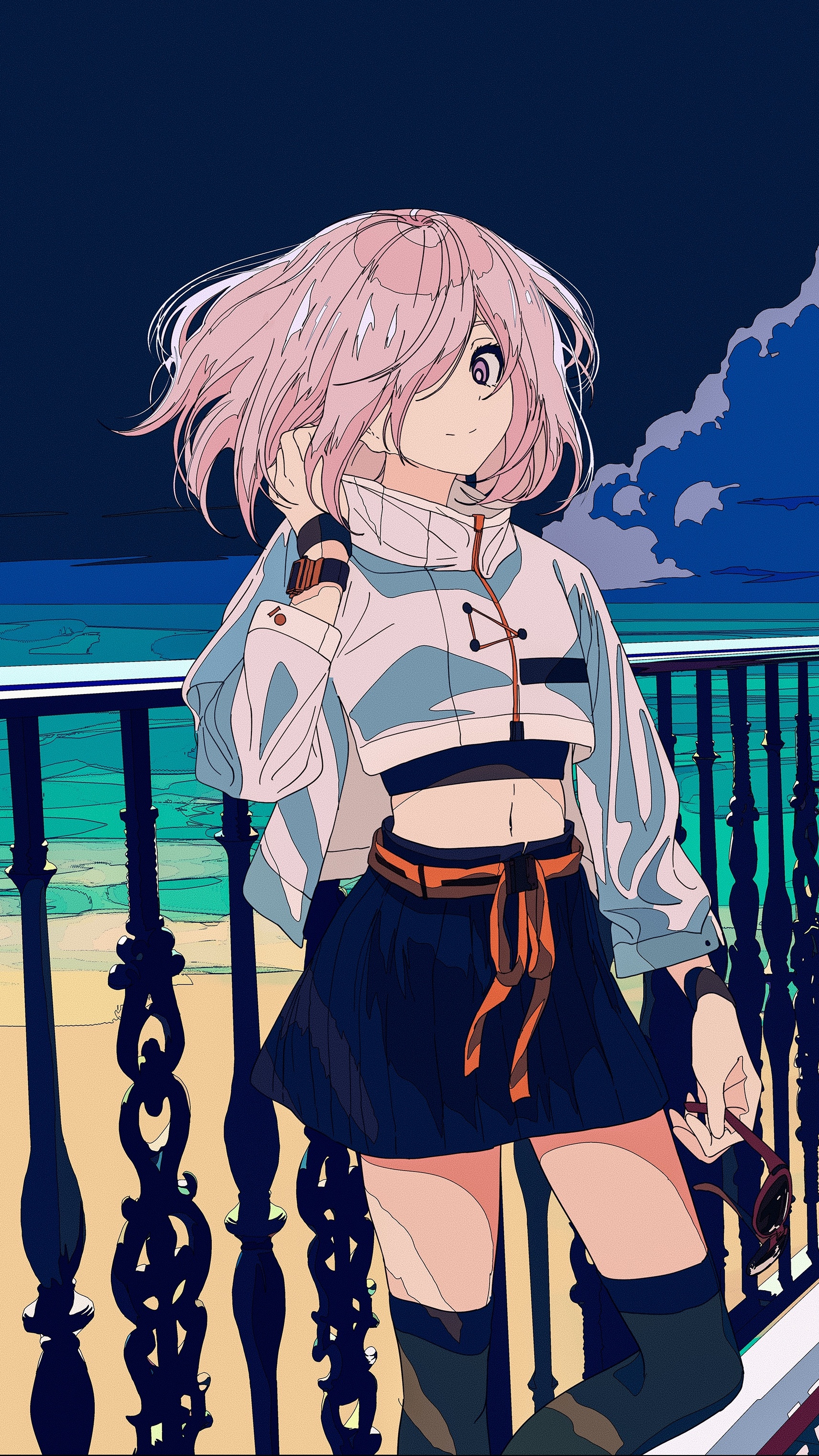 Anime 1713x3046 Cogecha anime Fate series anime girls portrait display short hair hair over one eye glasses looking at viewer water balcony pink hair