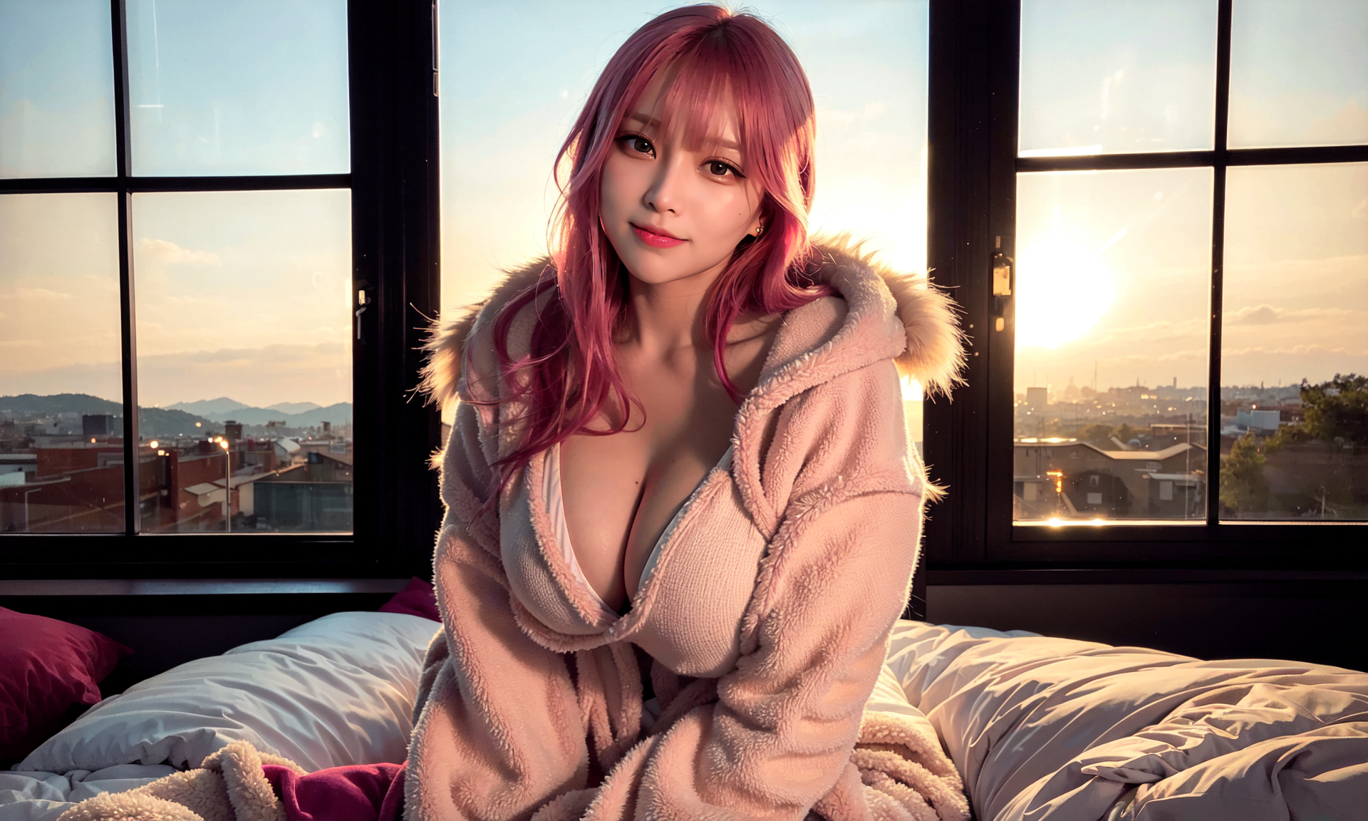 General 1920x1152 AI art women SanKo morning cleavage looking at viewer illustration digital art mole under eye Asian big boobs sunset glow sunset sunlight smiling sky clouds city mountains moles mole on breast long hair window