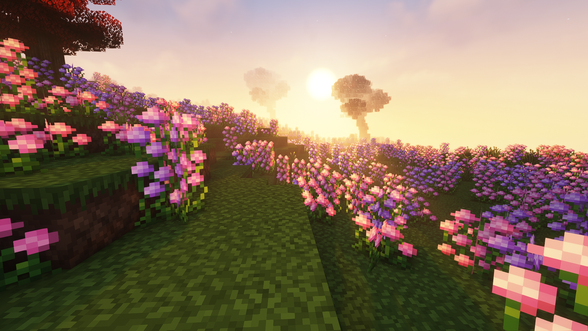 General 1920x1080 Minecraft sunset landscape shaders CGI video games flowers sunset glow