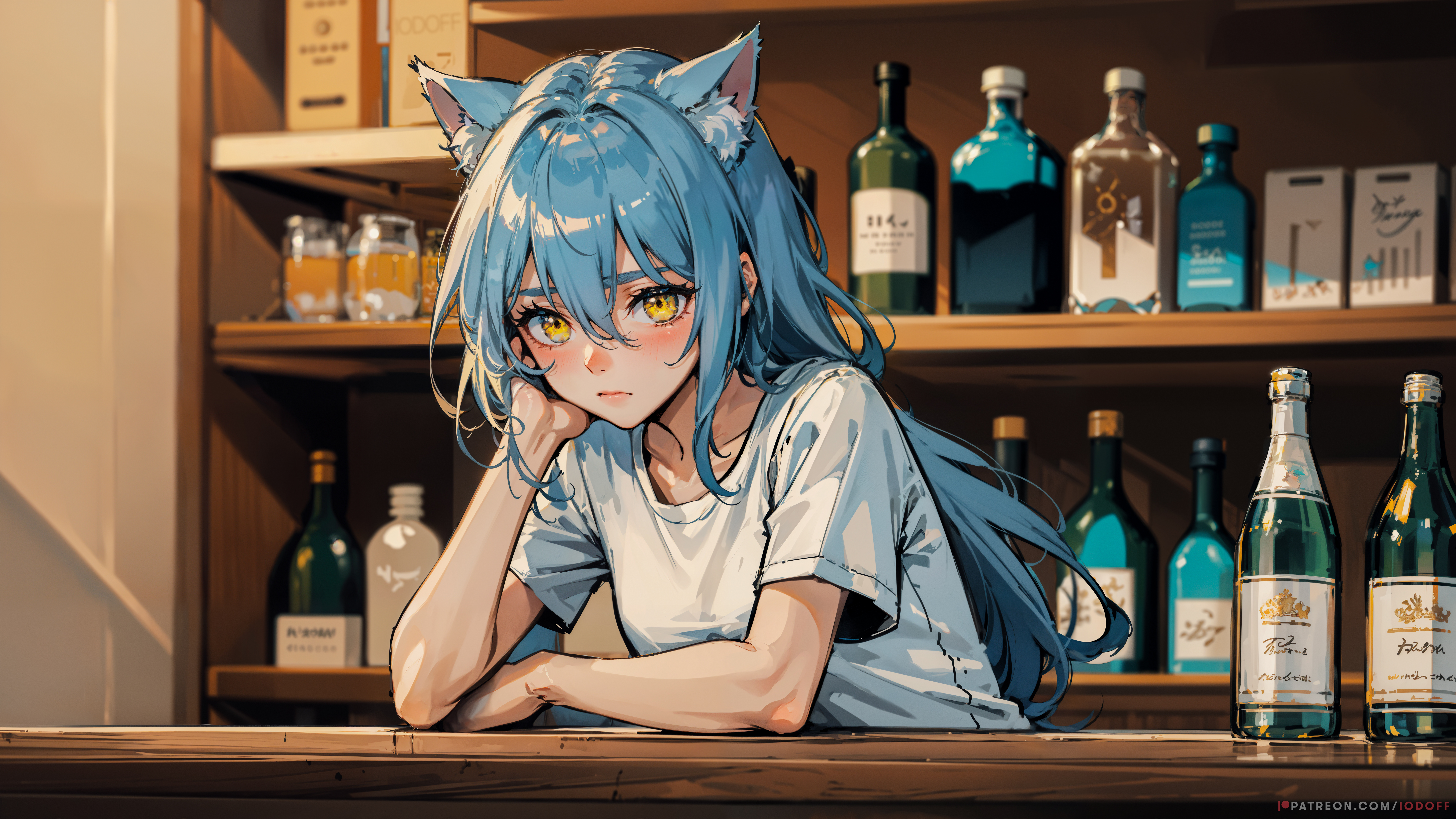 Anime 7680x4320 anime girls cat girl alcohol sitting arm support light blue hair yellow eyes cat ears AI art long hair looking at viewer blue hair drink hand on face blushing Iodoff