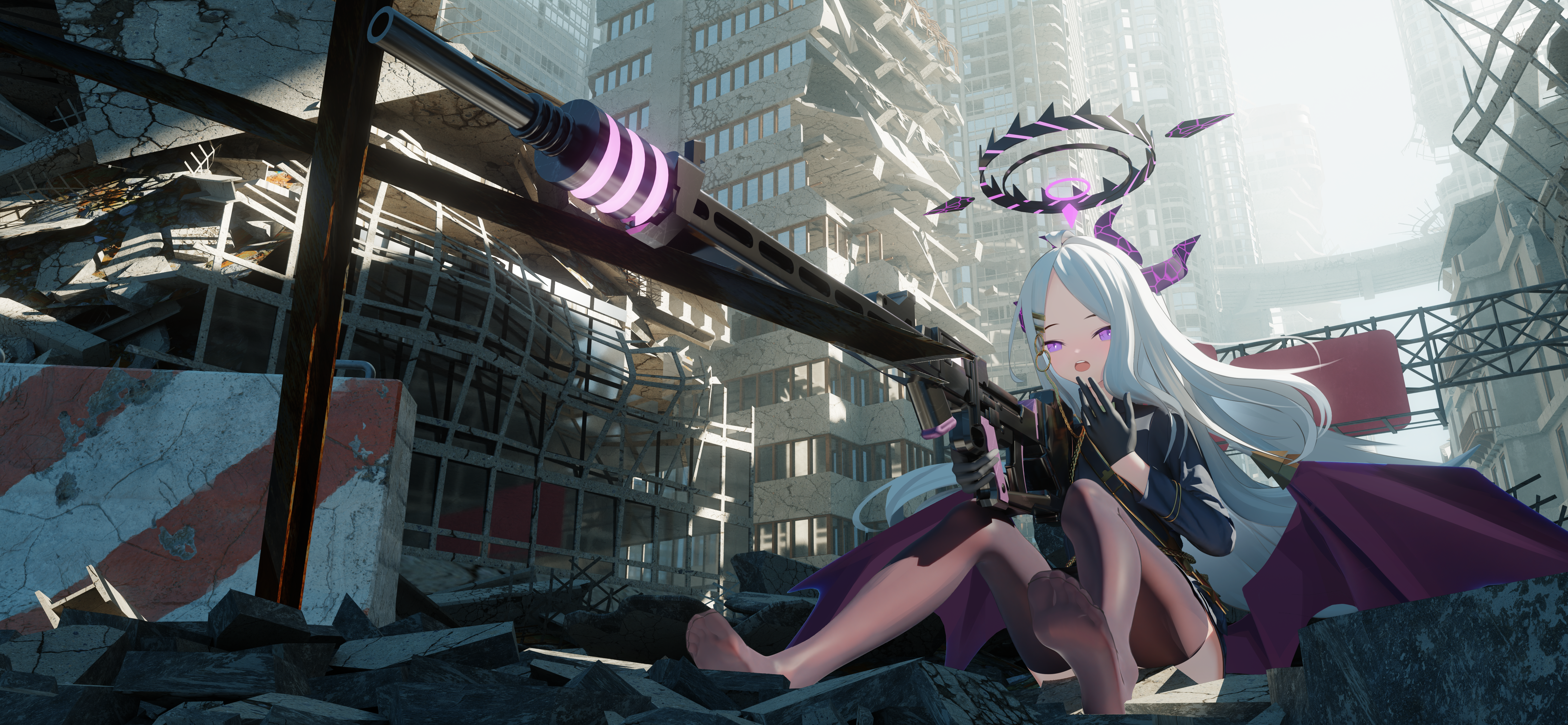 Anime 5760x2662 Blue Archive anime girls video game characters Sorasaki Hina (Blue Archive) white hair demon horns fan art purple eyes anime girls with guns anime girl with wings horns gun girls with guns long hair looking at viewer building gloves