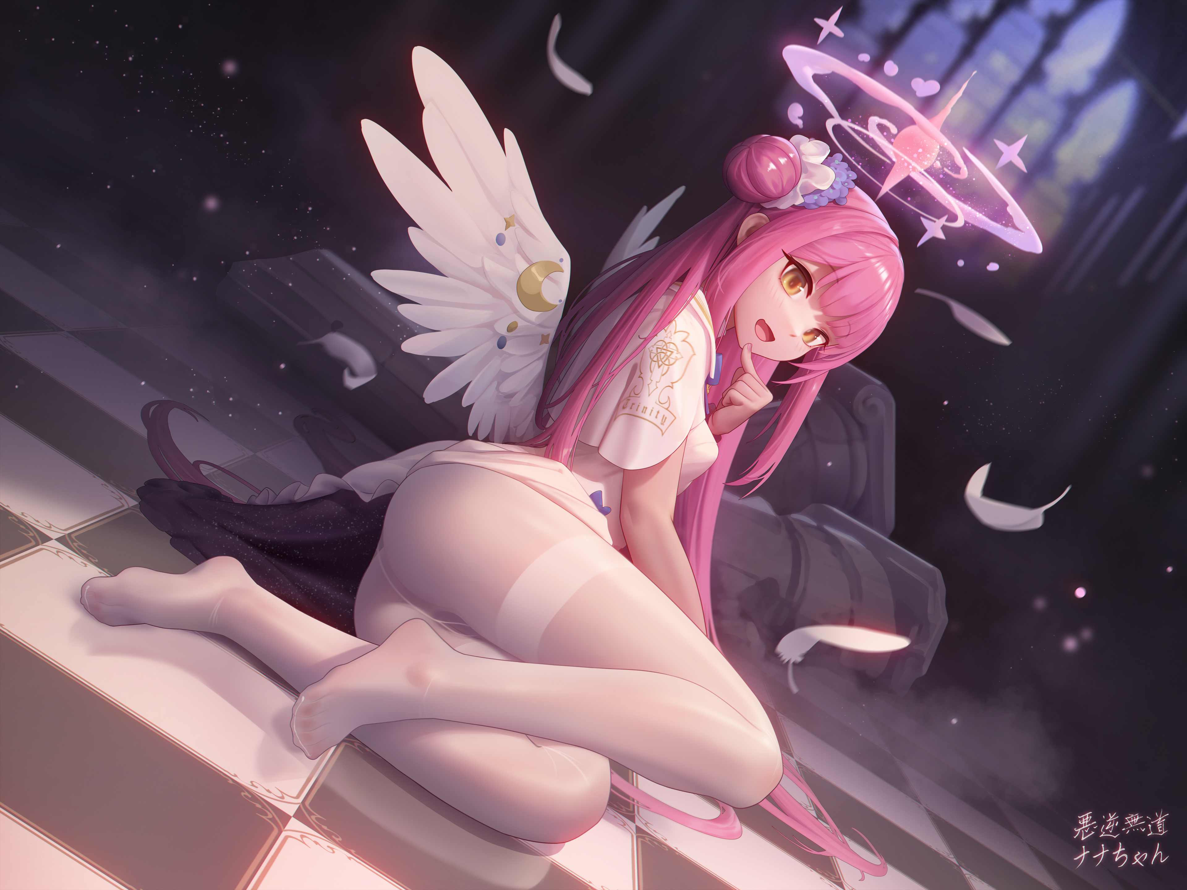 Anime 3840x2880 anime anime girls Misono Mika Blue Archive pantyhose ass wings feathers checkered long hair pink hair yellow eyes looking at viewer lying on side Japanese feet hairbun Suriel Arena