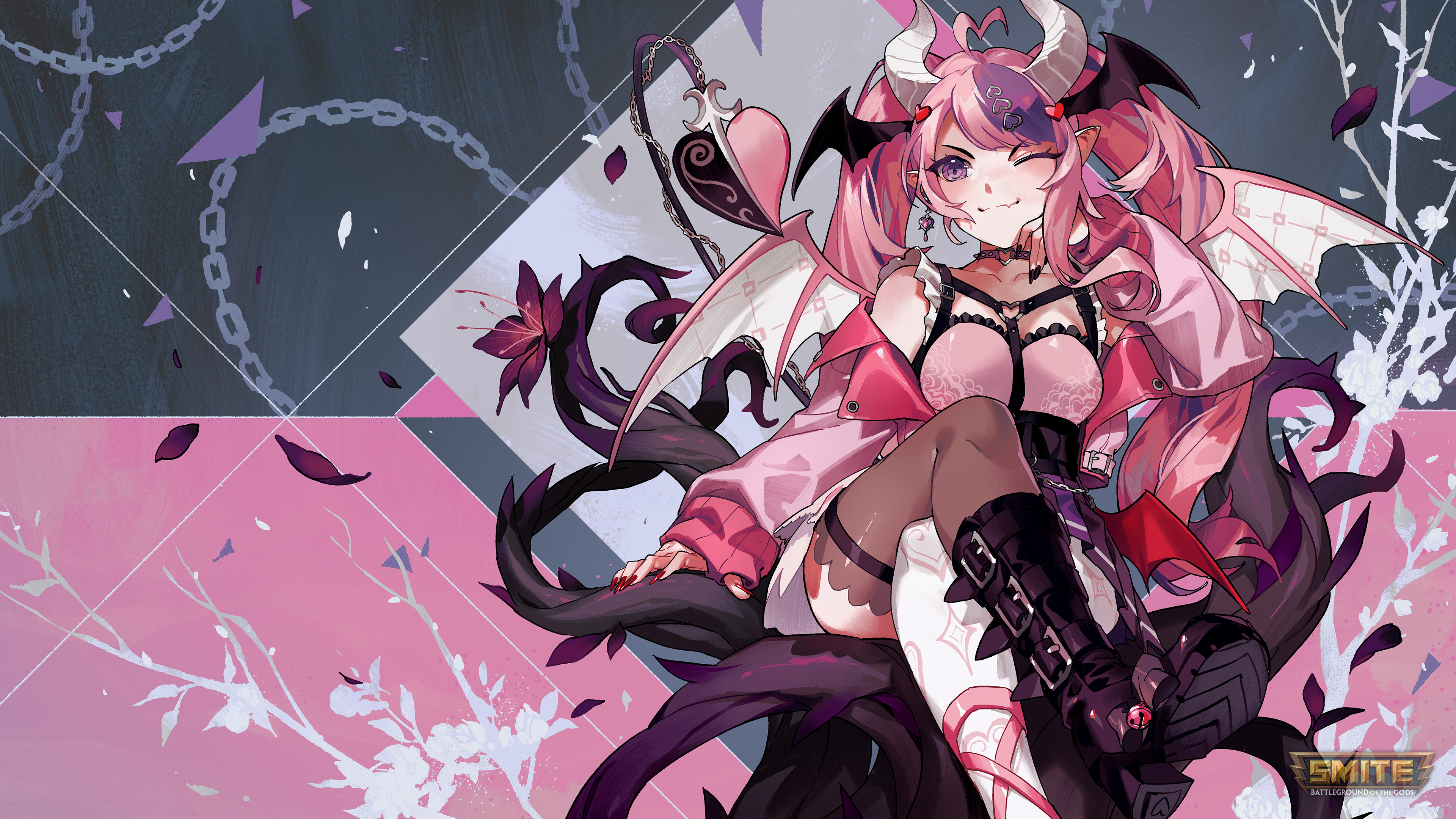 Anime 3840x2160 Smite MOBA video game characters video game art video game girls video games horns twintails one eye closed looking at viewer pointy ears chains legs crossed demon girls demon tail wings petals flowers branch smiling choker two tone hair Ironmouse (Vtuber)