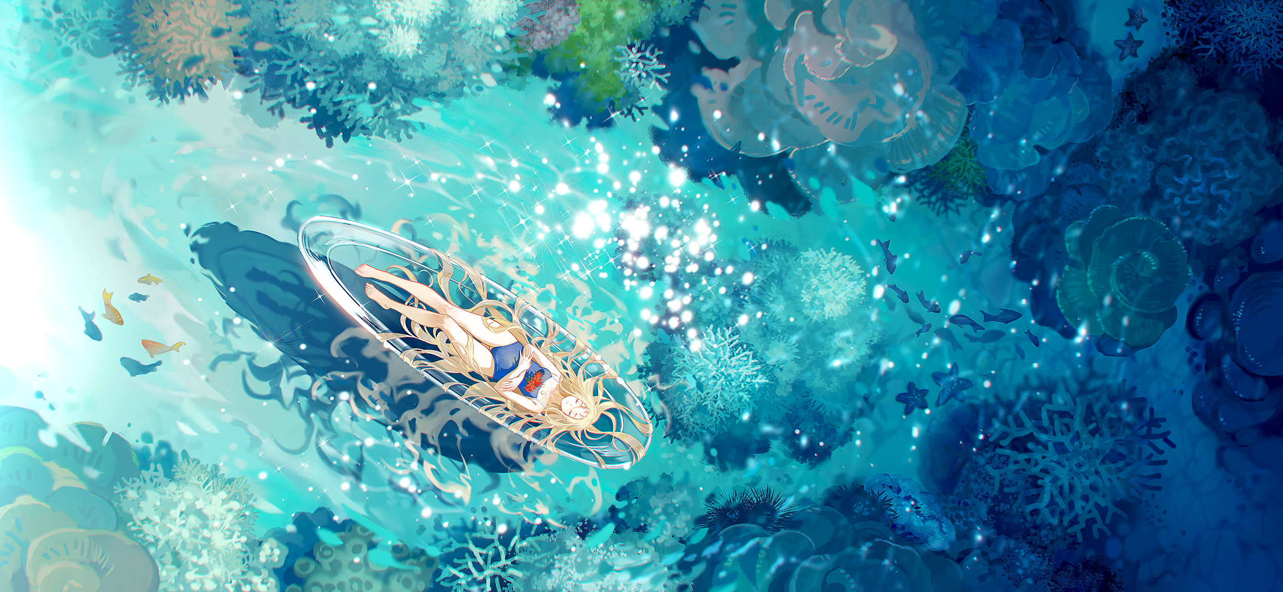 Anime 2500x1154 anime anime girls water lying on back blonde closed eyes coral top view fish reflection swimwear one-piece swimsuit Summer Time Rendering