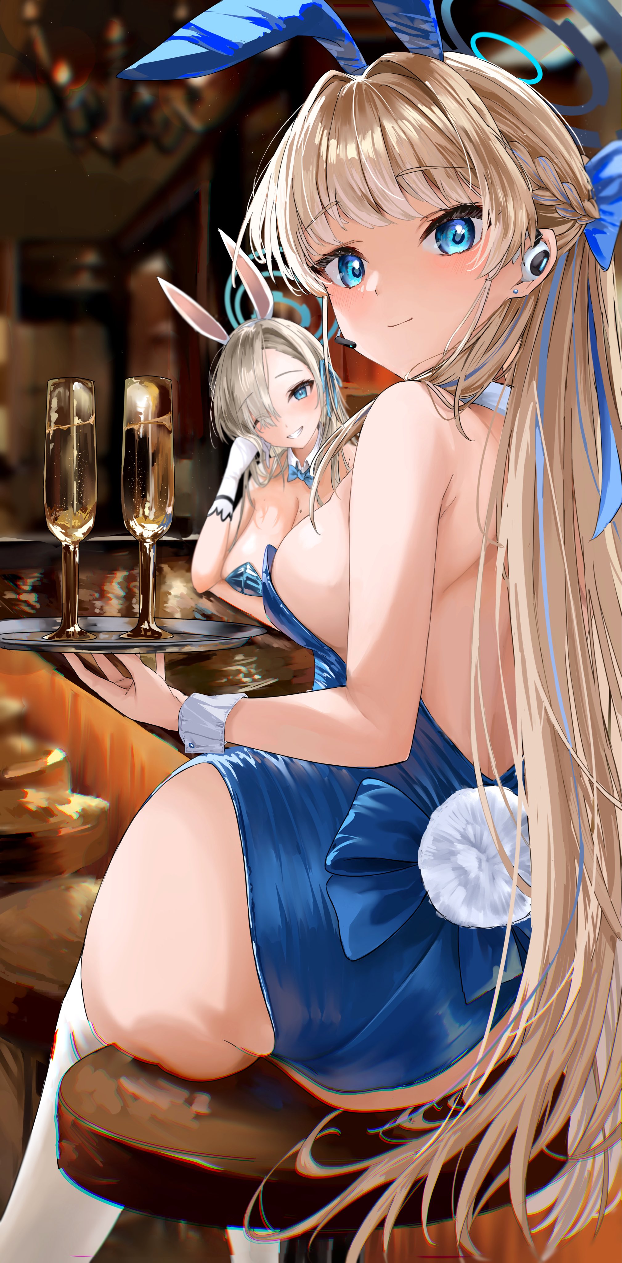 Anime 2019x4096 Sushi Maruu anime girls portrait display women two women Blue Archive Asuma Toki (Blue Archive) Asuna Ichinose bunny suit bunny girl looking back looking at viewer leotard blue leotard animal ears bunny ears bunny tail long hair blue eyes blonde big boobs sideboob cleavage bareback blushing white stockings stockings sitting hair over one eye thighs white gloves bow tie one eye closed smiling earphones wink champagne bar stool rear view braids drink gloves
