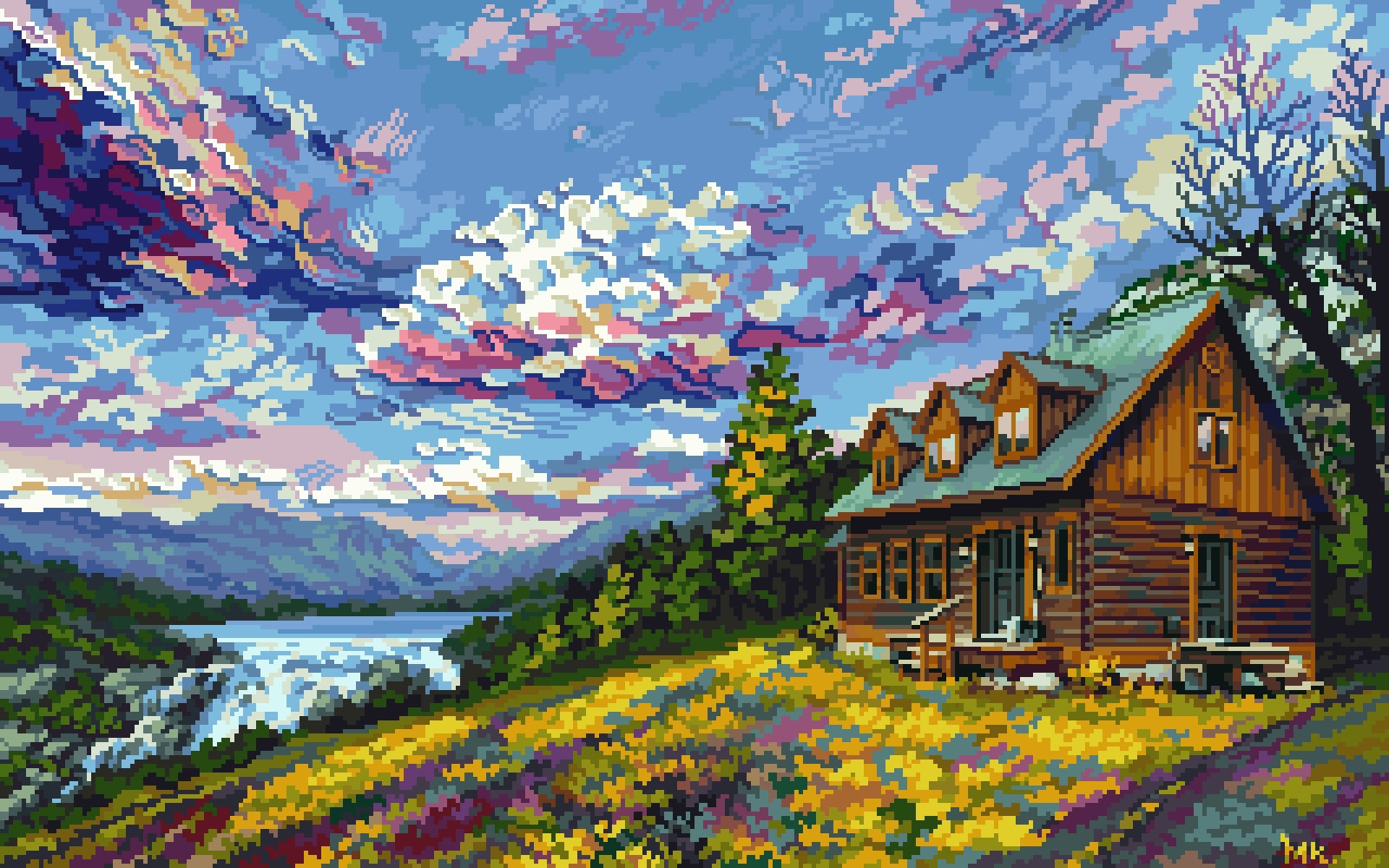 General 1600x1000 pixel art digital art house mountains sky clouds trees water colorful forest nature