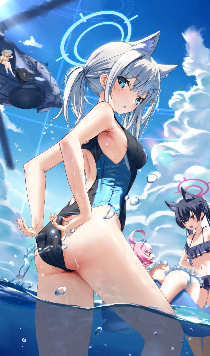 Anime 885x1500 Blue Archive swimwear anime girls portrait display Shiroko (Blue Archive) wet Takanashi Hoshino (Blue Archive) Izayoi Nonomi (Blue Archive) Kuromi Serika (Blue Archive) helicopters aircraft wet swimsuit gray hair animal ears blue eyes wet body wolf ears Tsuuhan sunlight looking back water ass hair ornament group of women frills black swimsuit bikini wolf girls water drops standing in water clouds looking at viewer boobs one-piece swimsuit thighs
