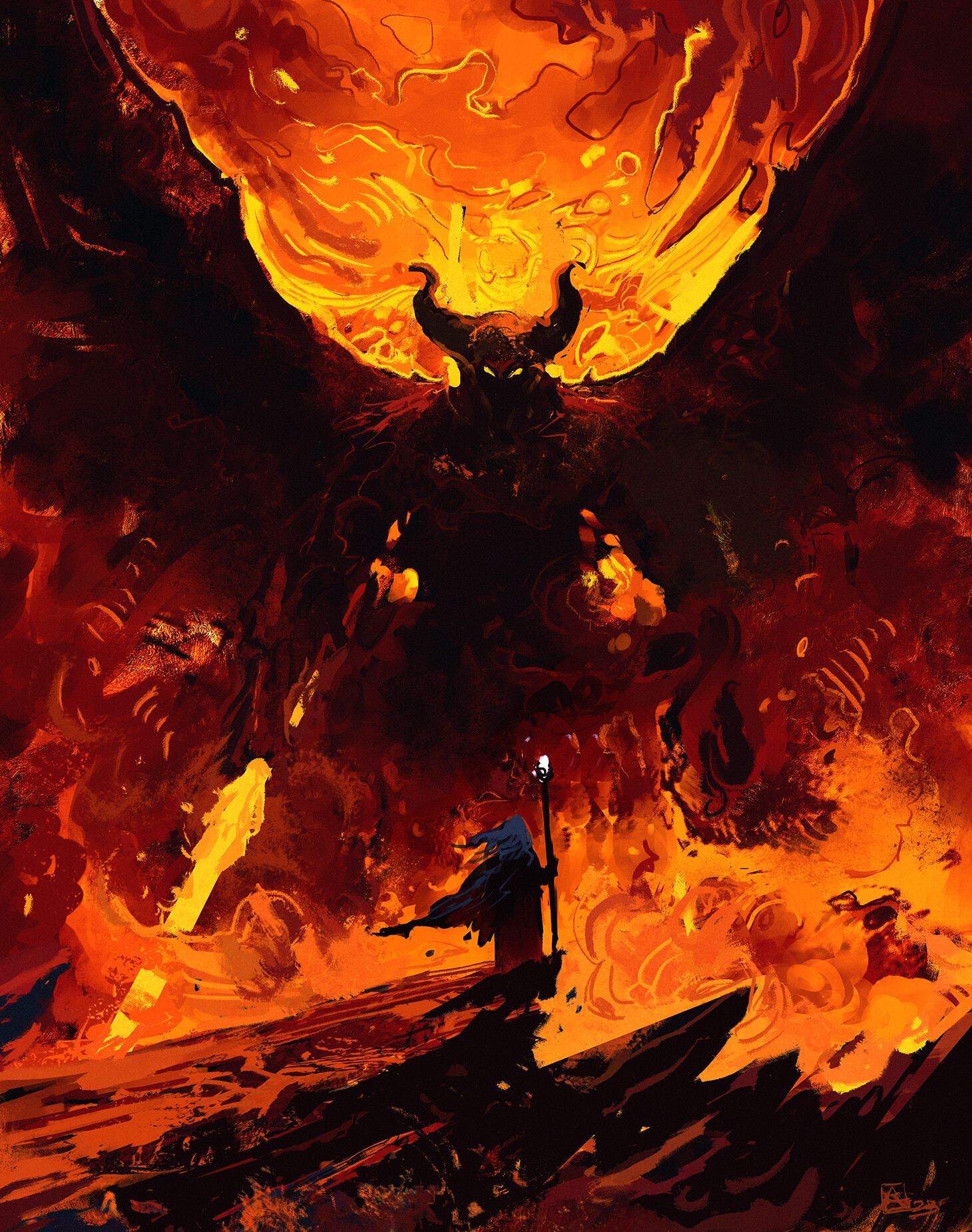 General 1460x1851 digital painting digital art adventurers portrait display fire demon demon horns The Lord of the Rings Gandalf Balrog Mines of Moria