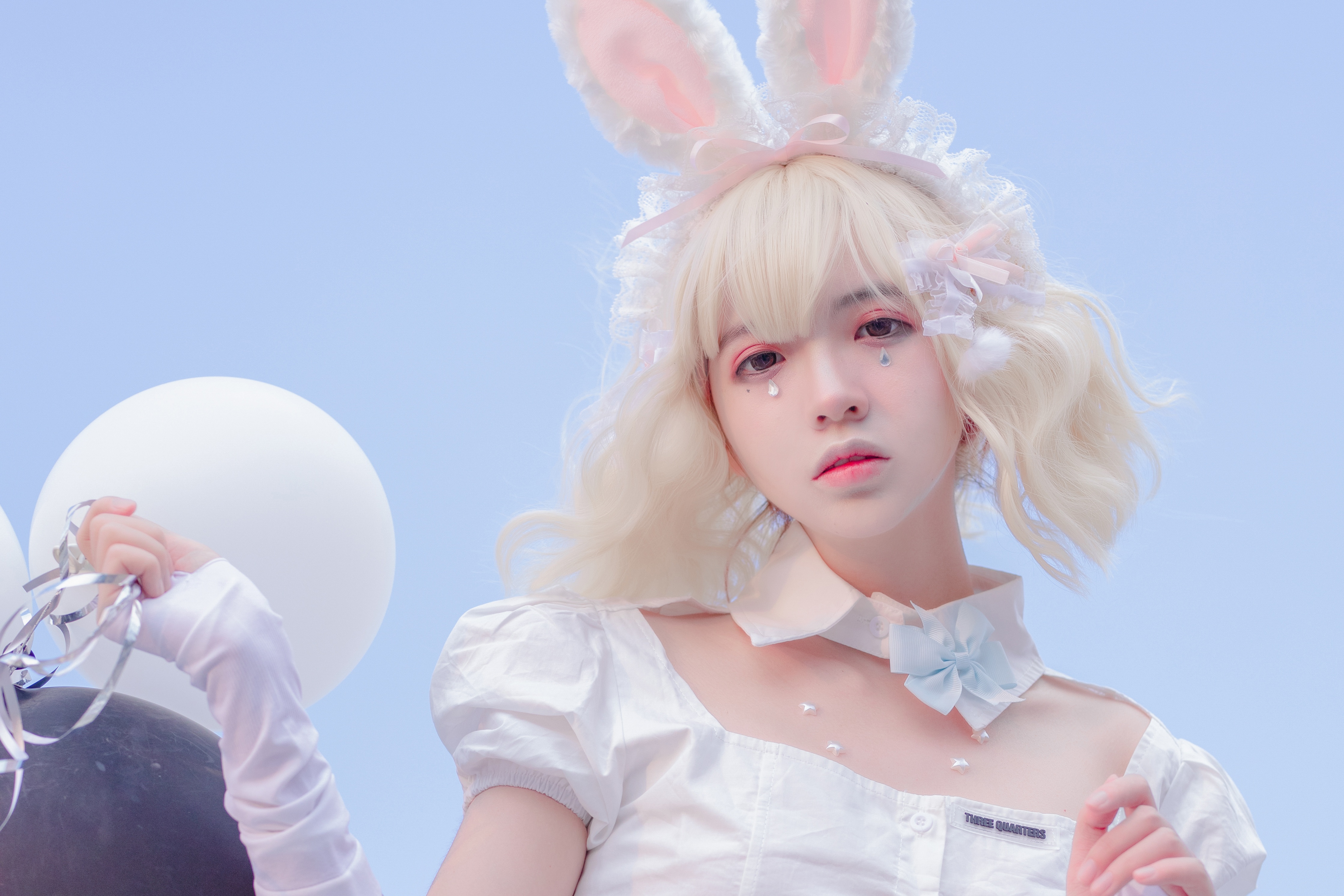 People 4476x2984 Feng Mao balloon white hair bunny ears Asian women simple background