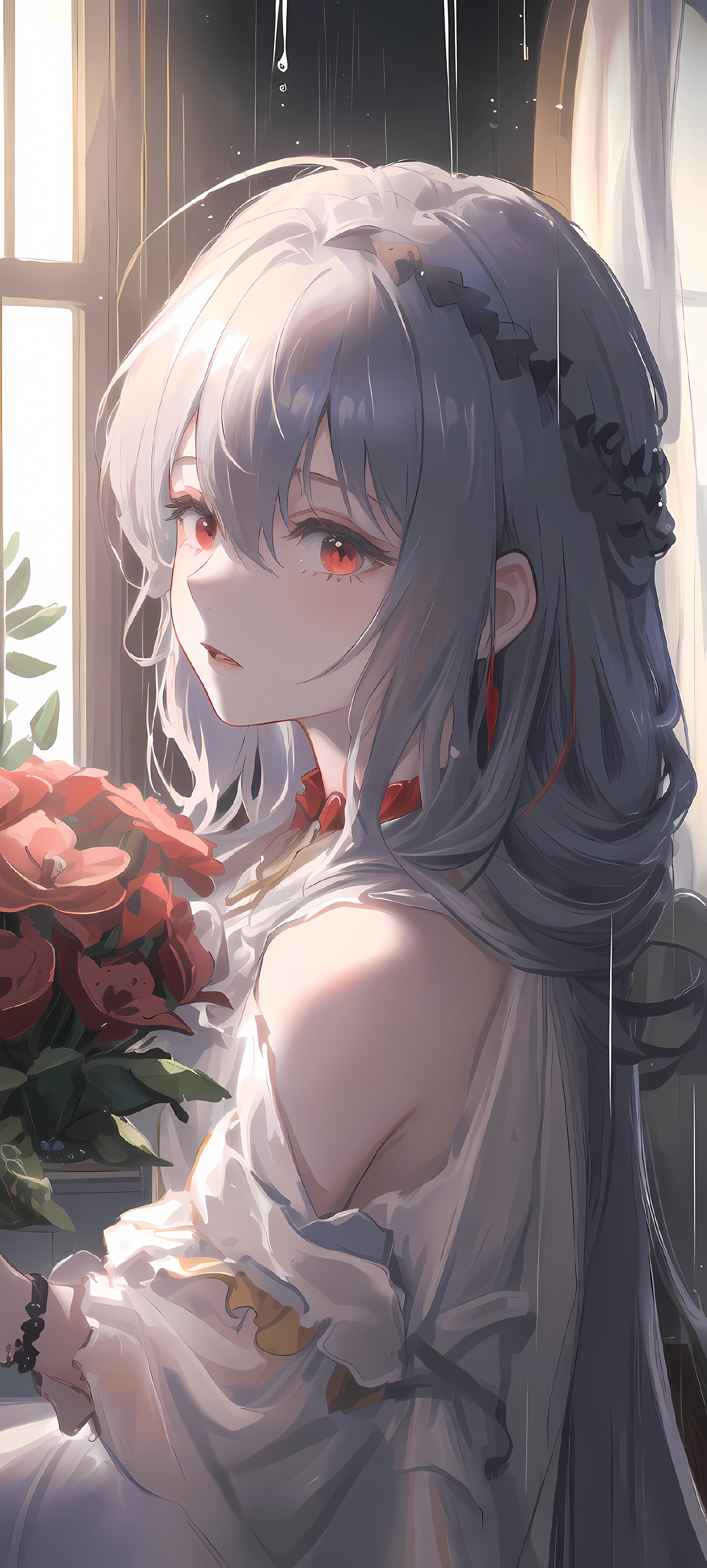 Anime 4320x9580 anime anime girls portrait display flowers red eyes gray hair looking at viewer AI art long hair